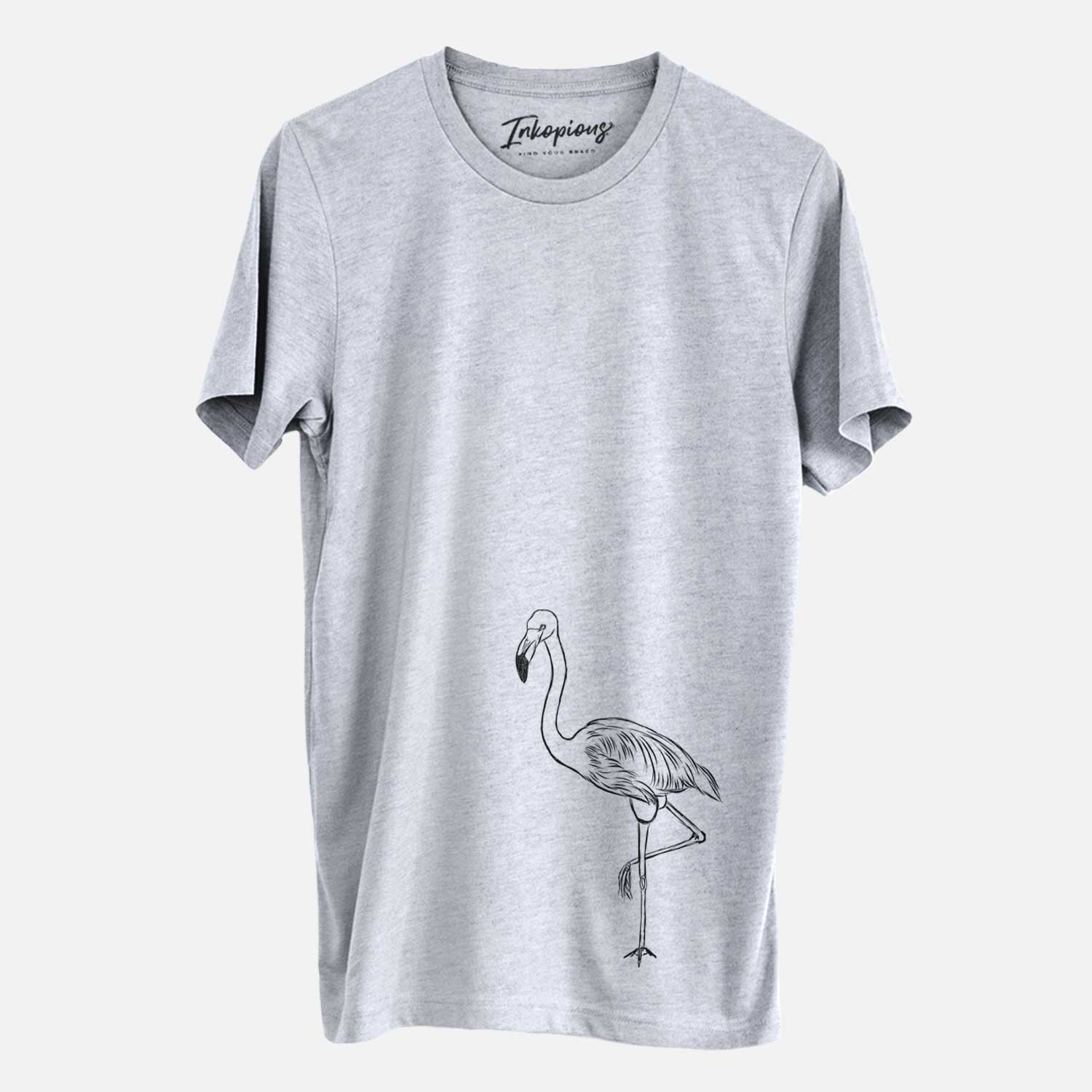 Hand-drawn sketch of Mango the Flamingo on a Grey Unisex crewneck