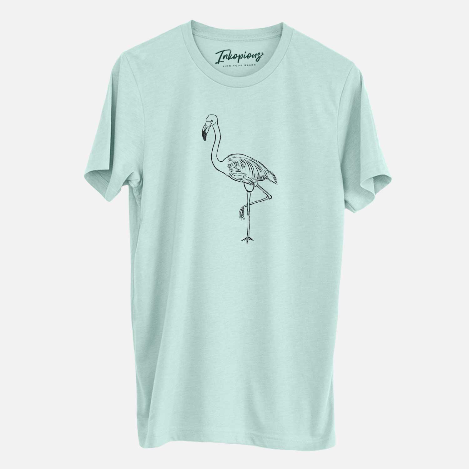 Hand-drawn sketch of Mango the Flamingo on a Heather Sage Unisex crewneck