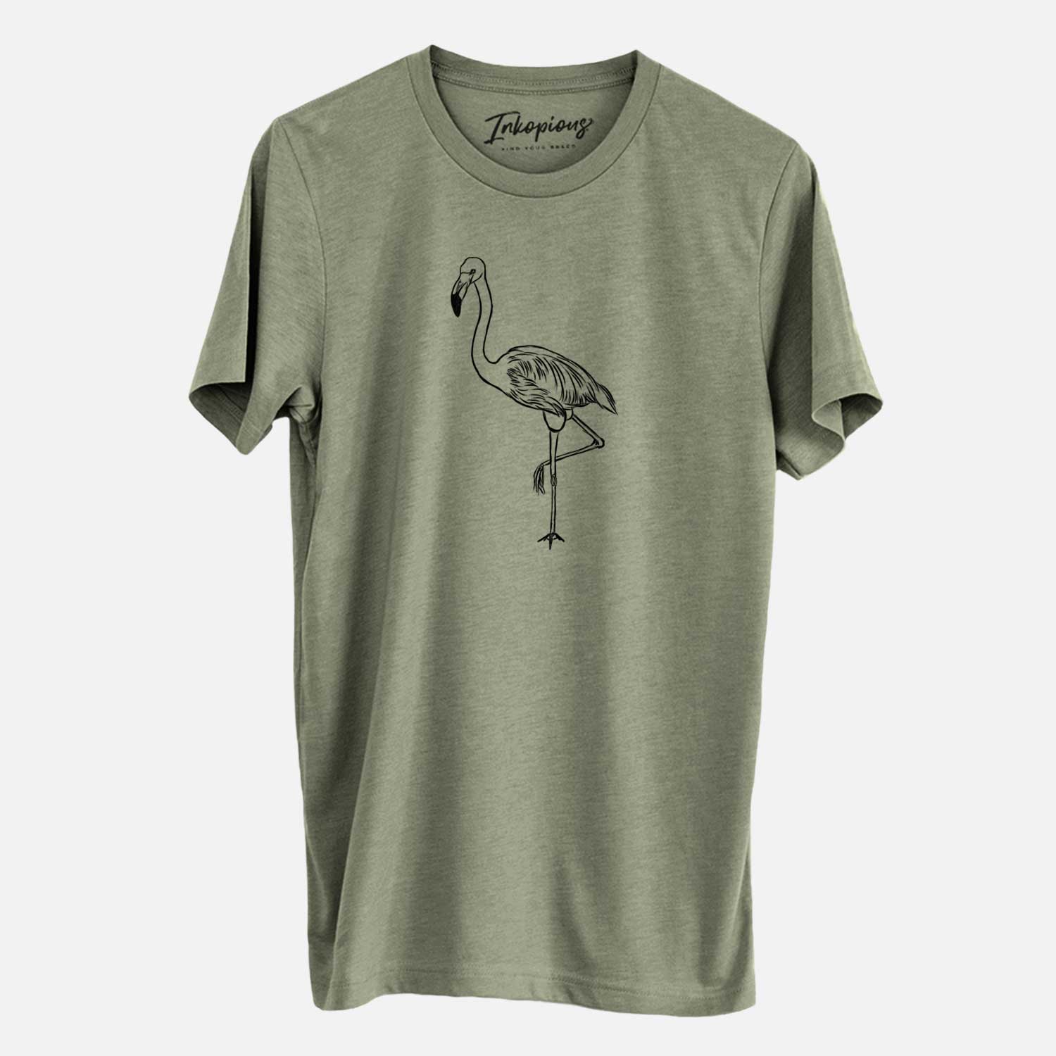Hand-drawn sketch of Mango the Flamingo on an Olive Unisex crewneck