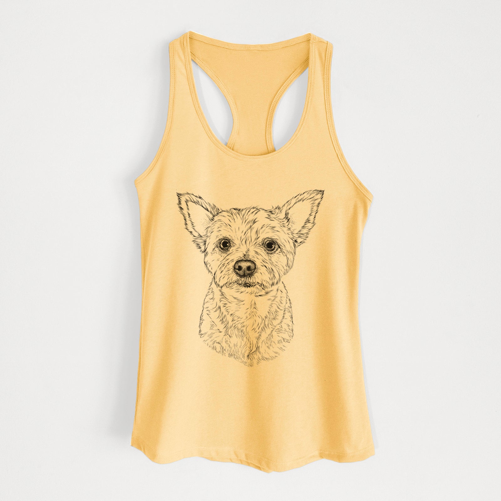 Hand-drawn sketch of Mango the Yorker Cairn Terrier Mix on a Banana Cream Women's racerback tanktop