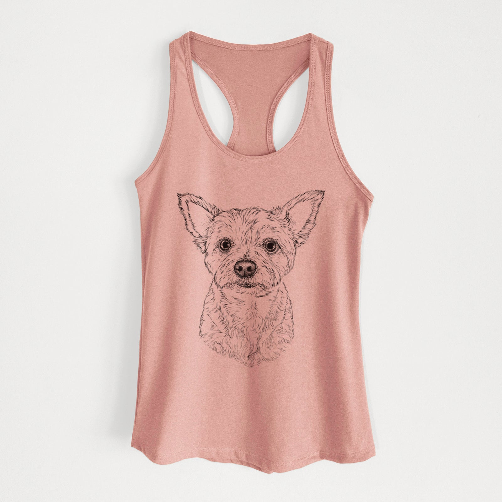 Hand-drawn sketch of Mango the Yorker Cairn Terrier Mix on a Desert Pink Women's racerback tanktop
