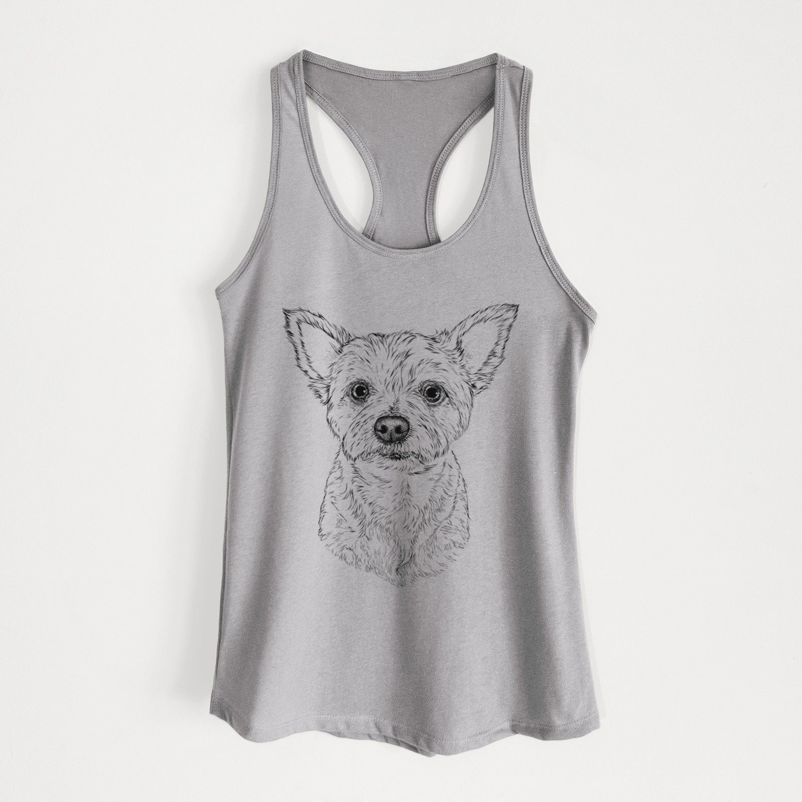 Hand-drawn sketch of Mango the Yorker Cairn Terrier Mix on a Heather Grey Women's racerback tanktop