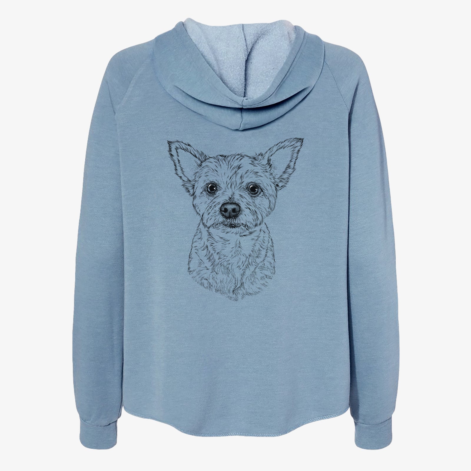 Hand-drawn sketch of Mango the Yorker Cairn Terrier Mix on a Misty Blue Women's cali wave zip-up sweatshirt