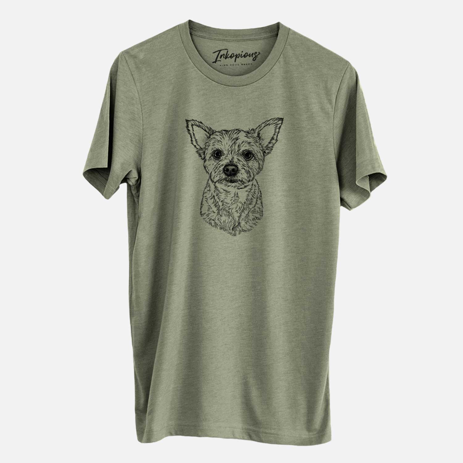 Hand-drawn sketch of Mango the Yorker Cairn Terrier Mix on an Olive Unisex crewneck