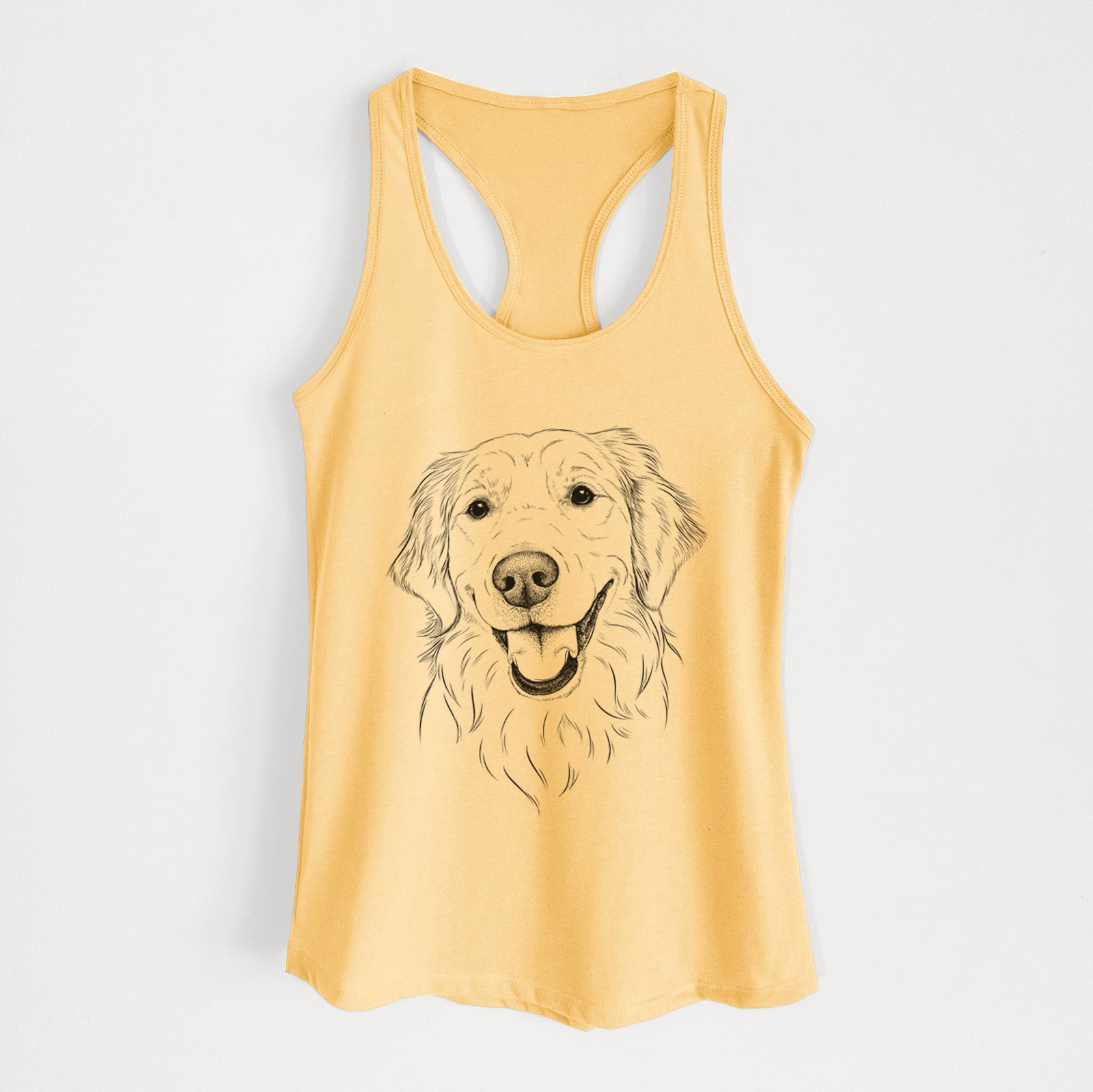 Hand-drawn sketch of Maple the Golden Retriever on a Banana Cream Women's racerback tanktop