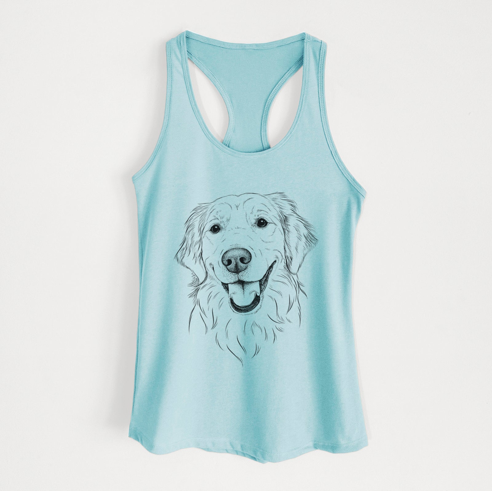 Hand-drawn sketch of Maple the Golden Retriever on a Cancun Blue Women's racerback tanktop