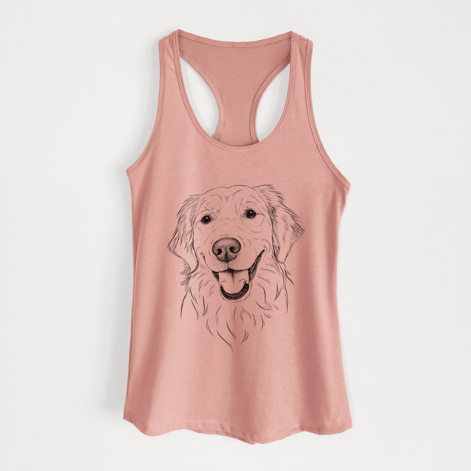 Hand-drawn sketch of Maple the Golden Retriever on a Desert Pink Women's racerback tanktop