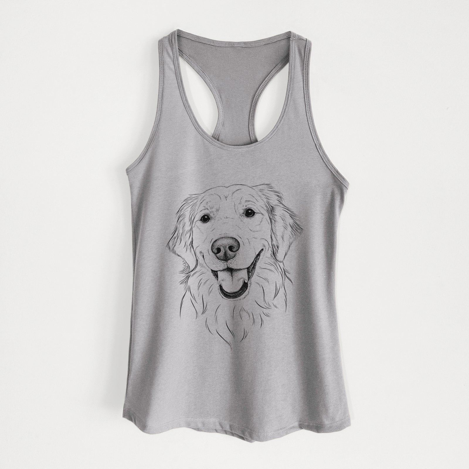 Hand-drawn sketch of Maple the Golden Retriever on a Heather Grey Women's racerback tanktop