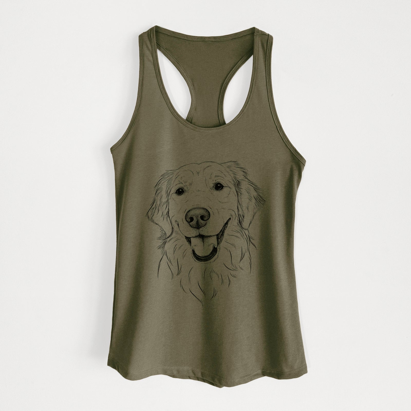 Hand-drawn sketch of Maple the Golden Retriever on a Military Green Women's racerback tanktop