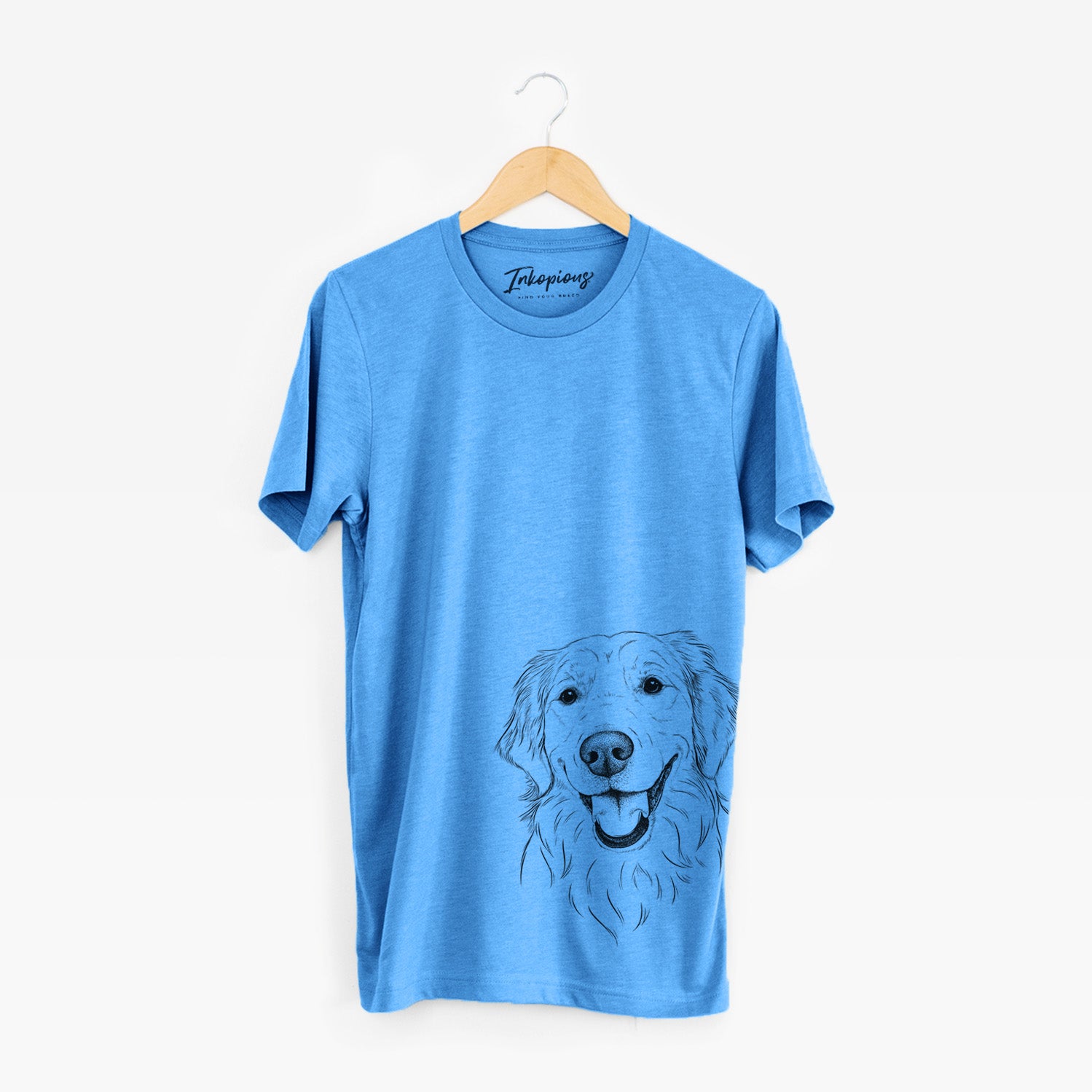 Hand-drawn sketch of Maple the Golden Retriever on a Blue Unisex crewneck