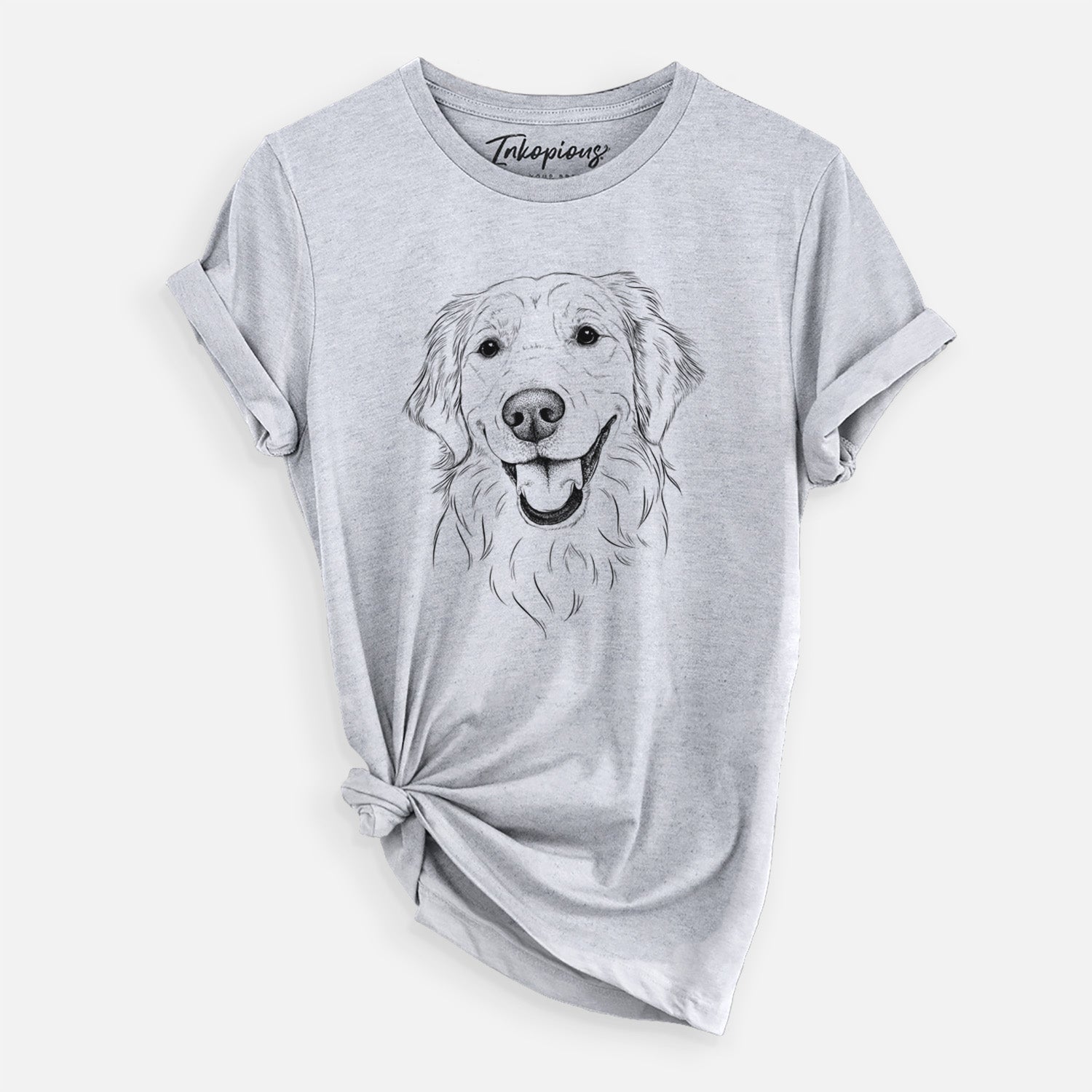 Hand-drawn sketch of Maple the Golden Retriever on a Grey Unisex crewneck
