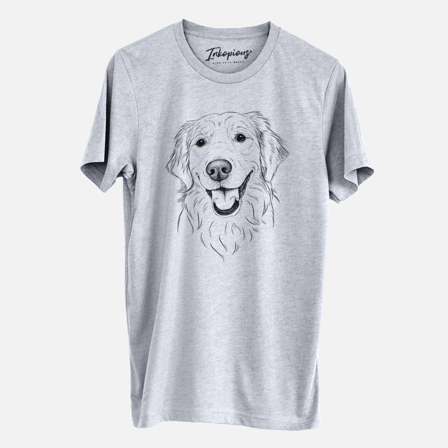 Hand-drawn sketch of Maple the Golden Retriever on a Grey Unisex crewneck