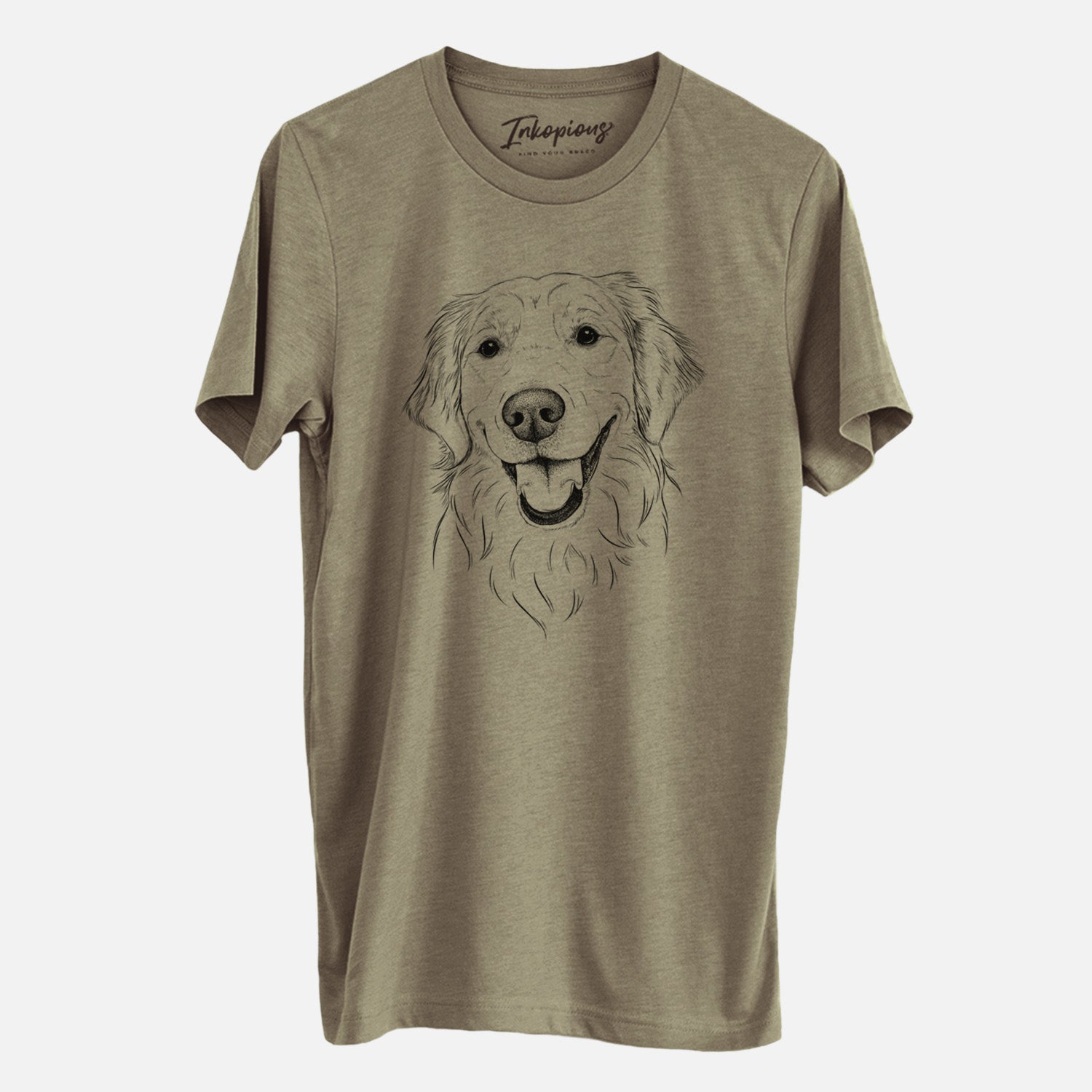 Hand-drawn sketch of Maple the Golden Retriever on an Olive Unisex crewneck