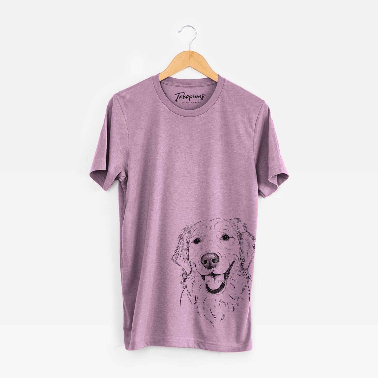 Hand-drawn sketch of Maple the Golden Retriever on an Orchid Unisex crewneck