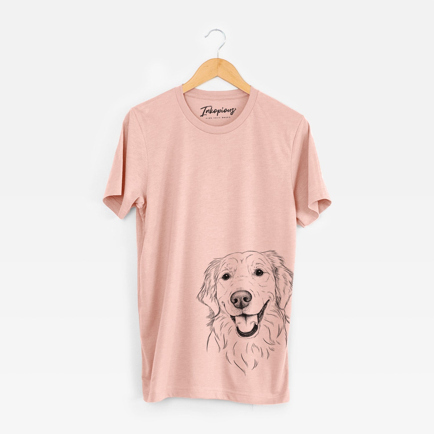 Hand-drawn sketch of Maple the Golden Retriever on a Peach Unisex crewneck