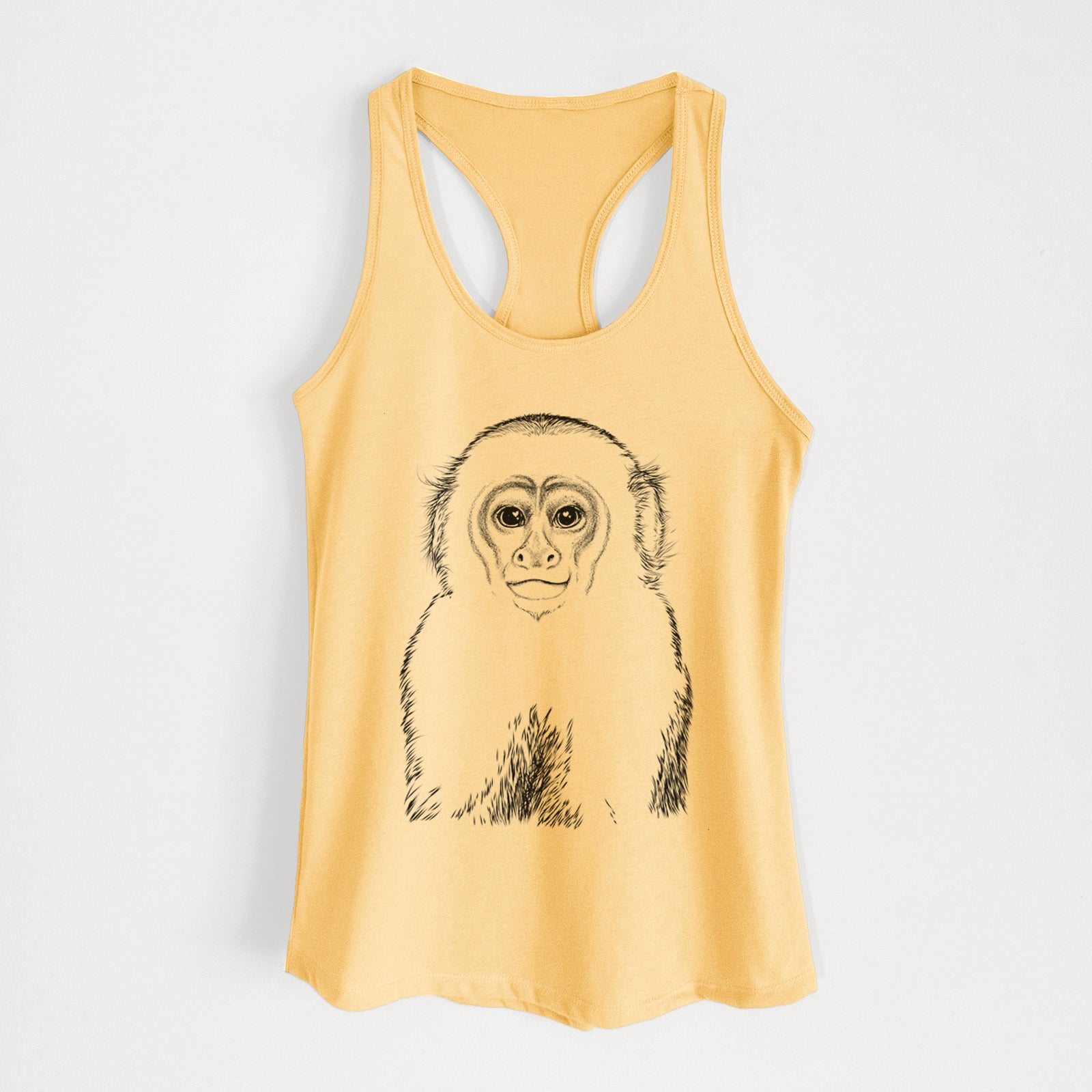 Hand-drawn sketch of Marcel the Capuchin Monkey on a Banana Cream Women's racerback tanktop