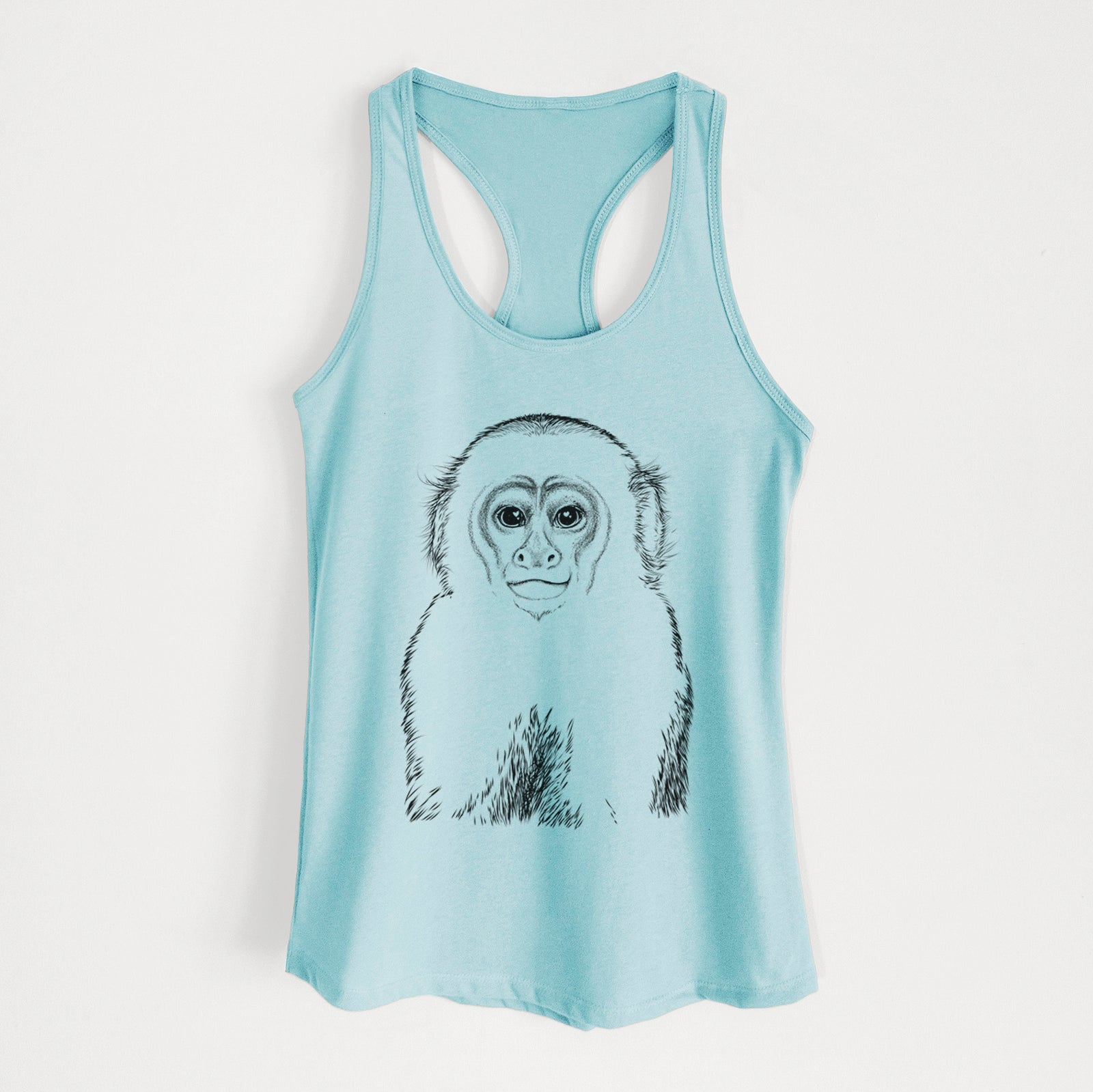 Hand-drawn sketch of Marcel the Capuchin Monkey on a Cancun Blue Women's racerback tanktop