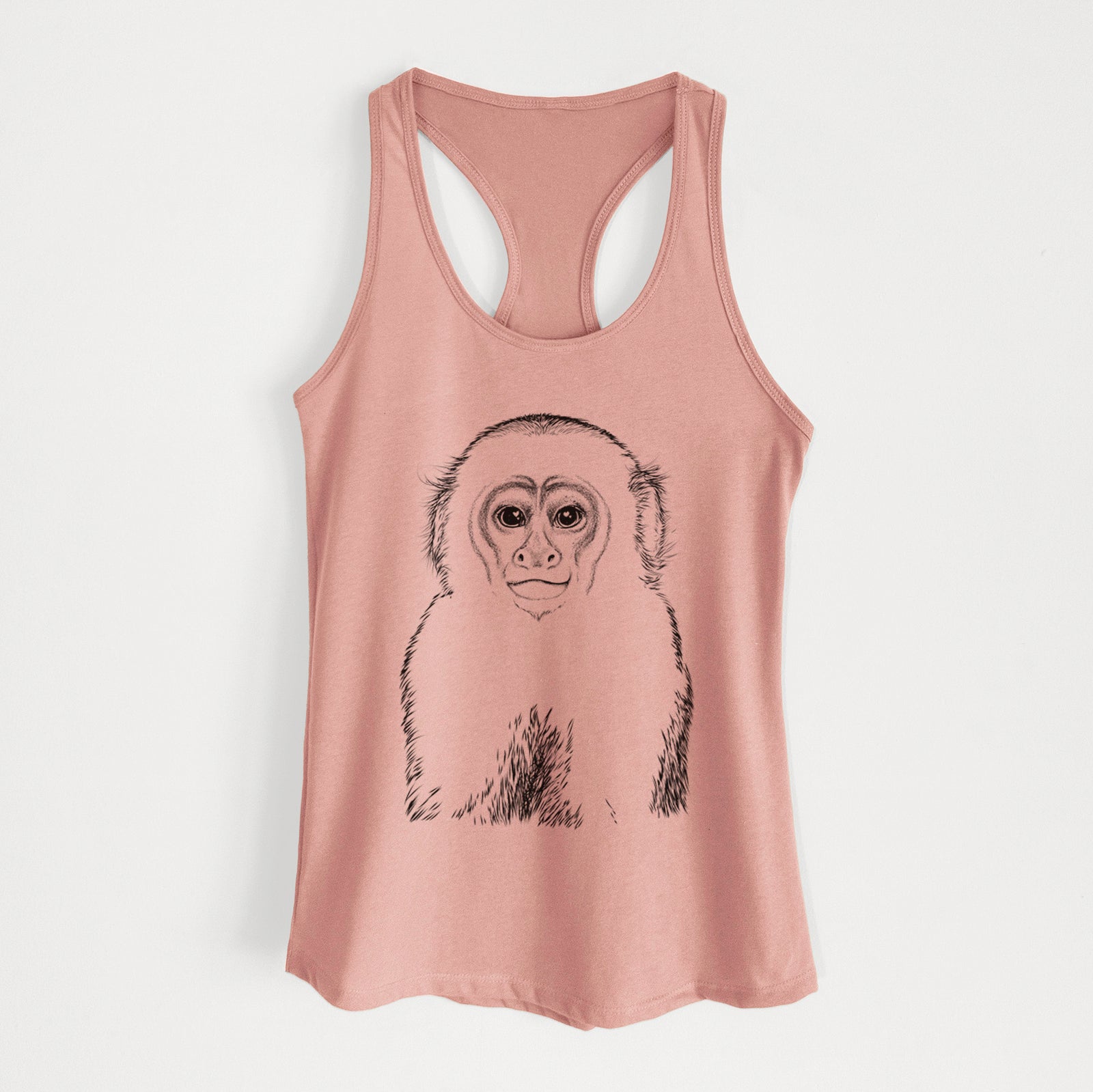 Hand-drawn sketch of Marcel the Capuchin Monkey on a Desert Pink Women's racerback tanktop