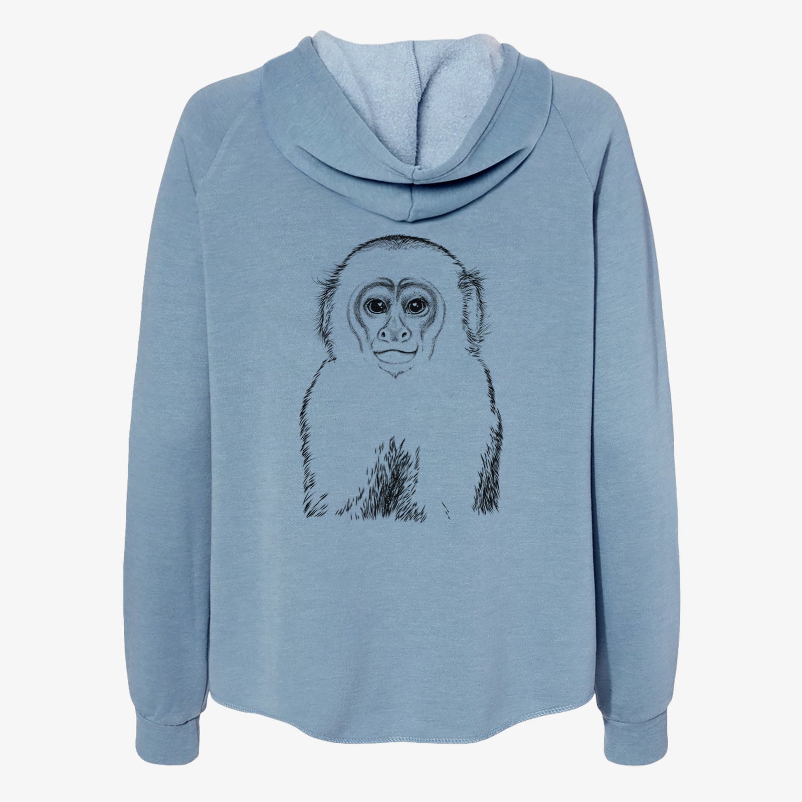 Hand-drawn sketch of Marcel the Capuchin Monkey on a Misty Blue Women's cali wave zip-up sweatshirt