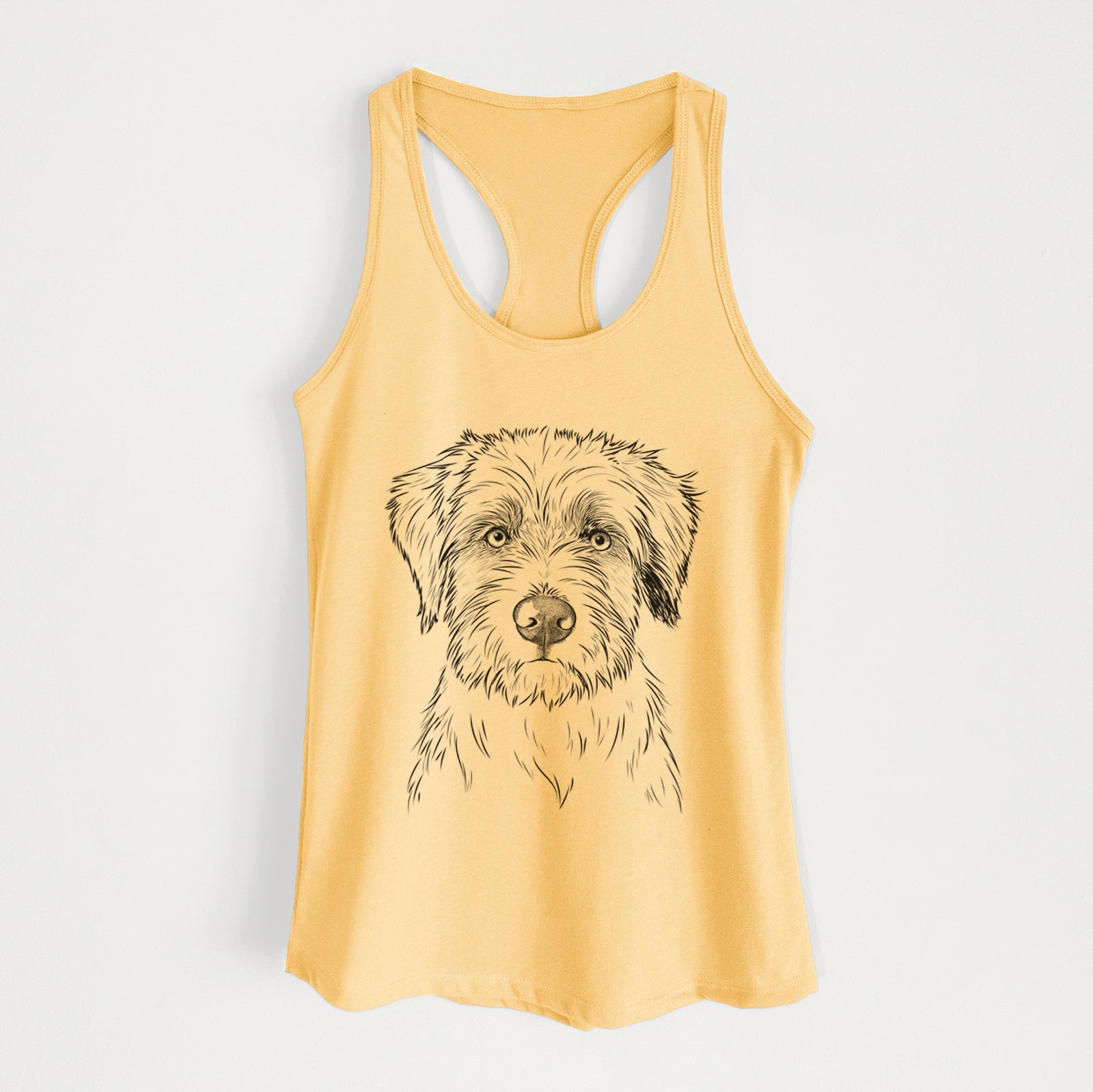 Hand-drawn sketch of Marek the Bernedoodle on a Banana Cream Women's racerback tanktop