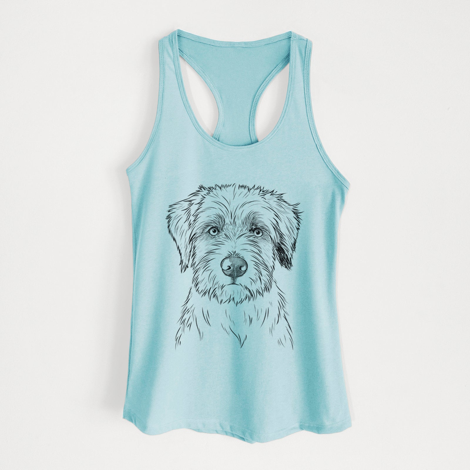 Hand-drawn sketch of Marek the Bernedoodle on a Cancun Blue Women's racerback tanktop