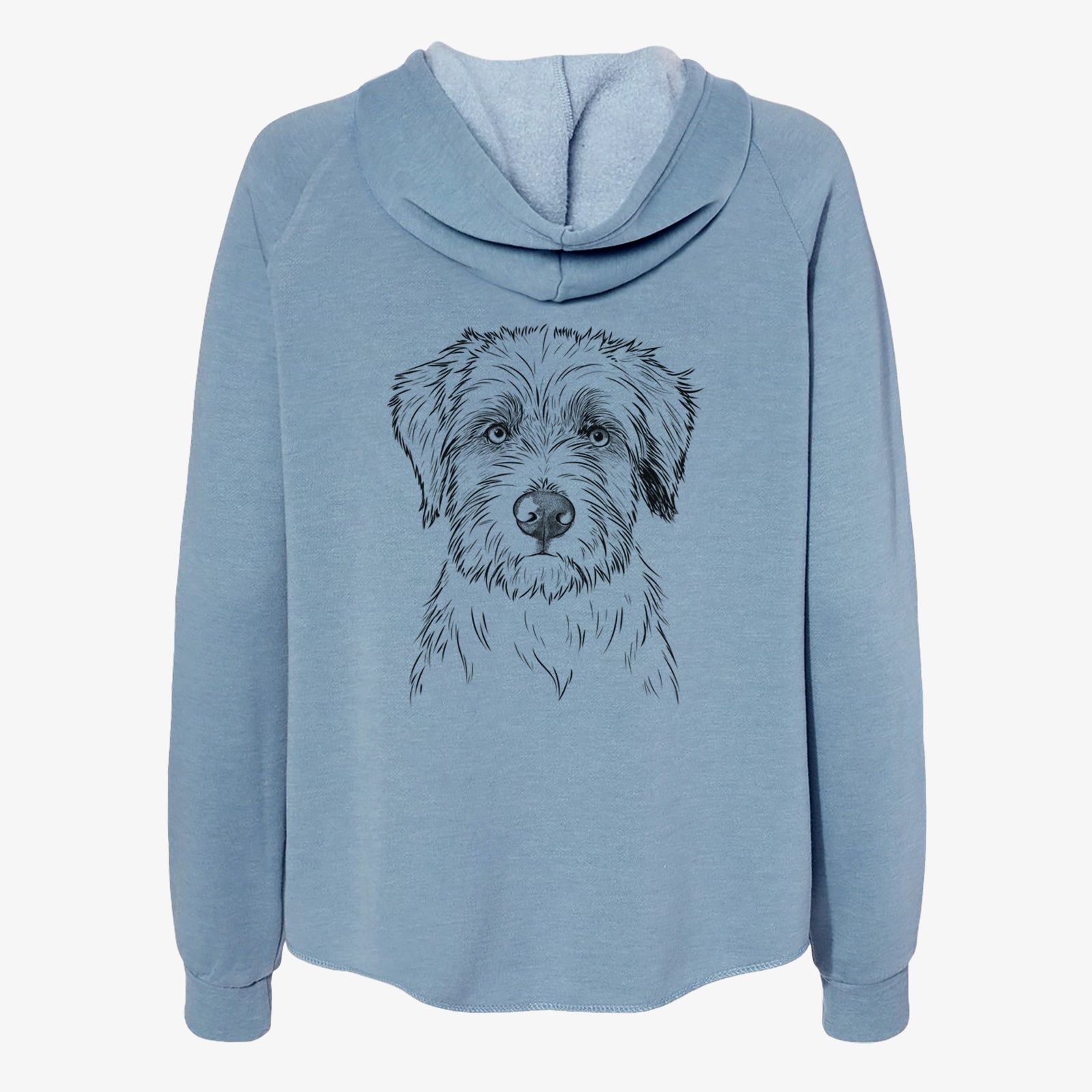 Hand-drawn sketch of Marek the Bernedoodle on a Misty Blue Women's cali wave zip-up sweatshirt