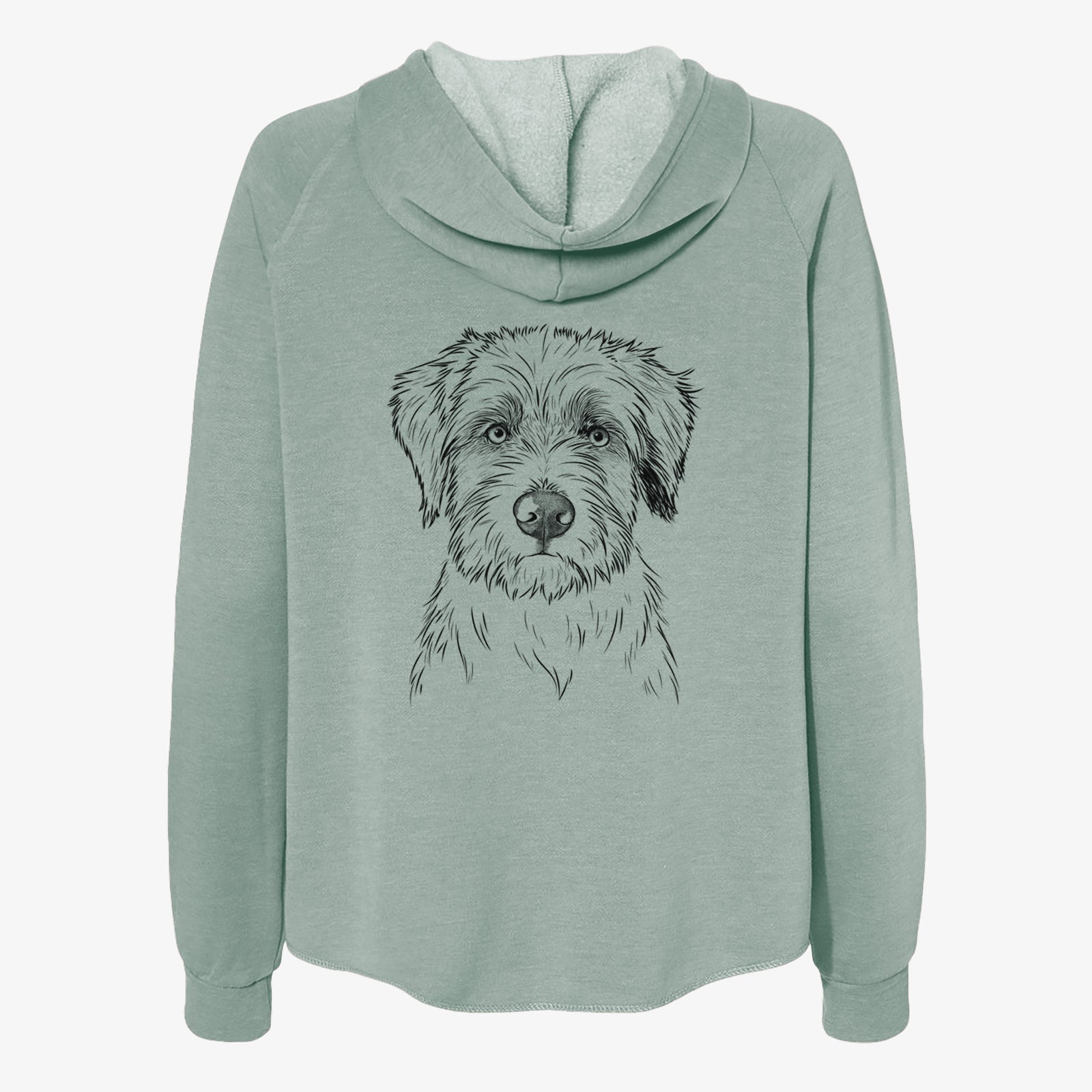 Hand-drawn sketch of Marek the Bernedoodle on a Sage Women's cali wave zip-up sweatshirt