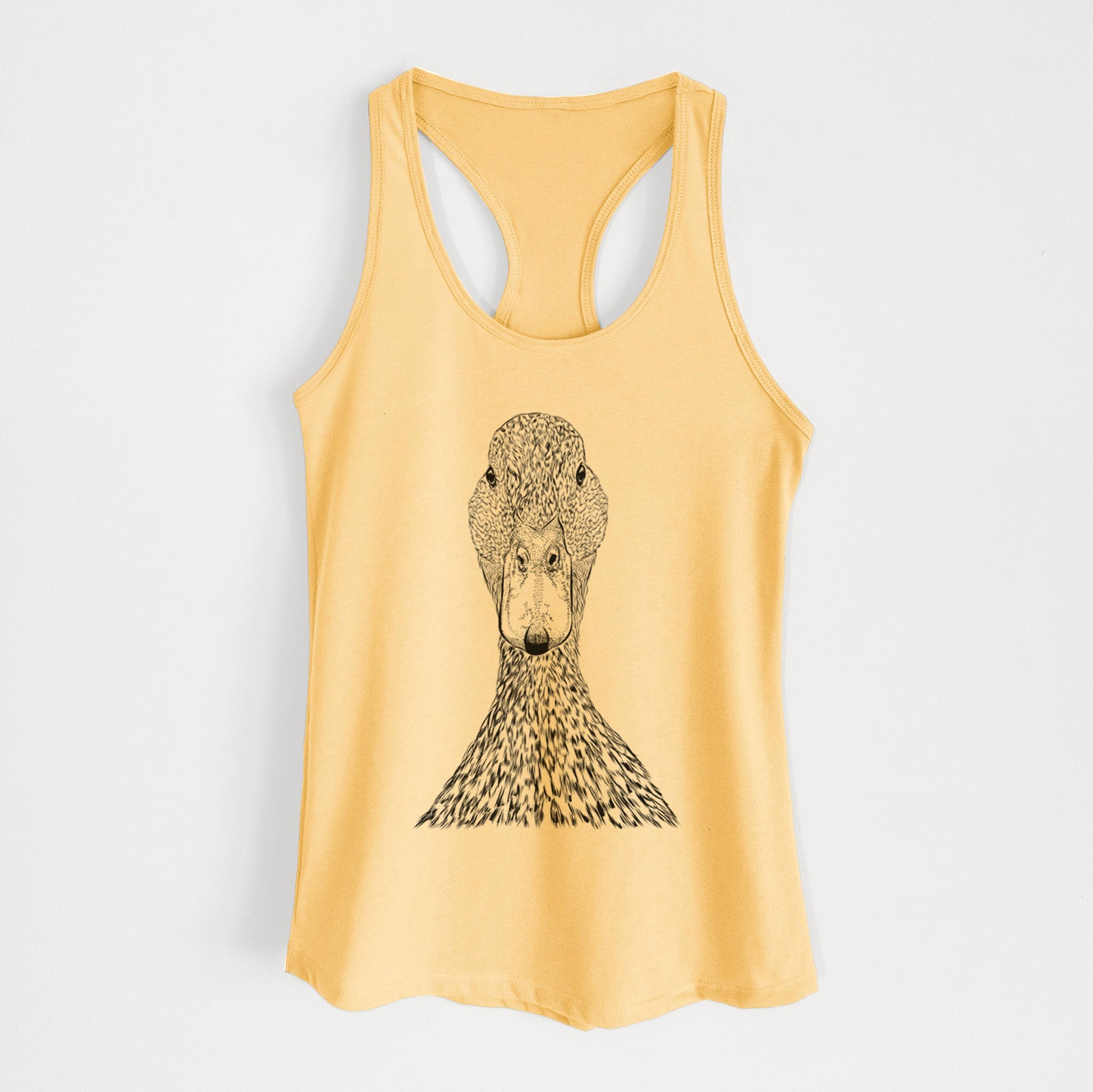 Hand-drawn sketch of Marge the Mallard Duck on a Banana Cream Women's racerback tanktop