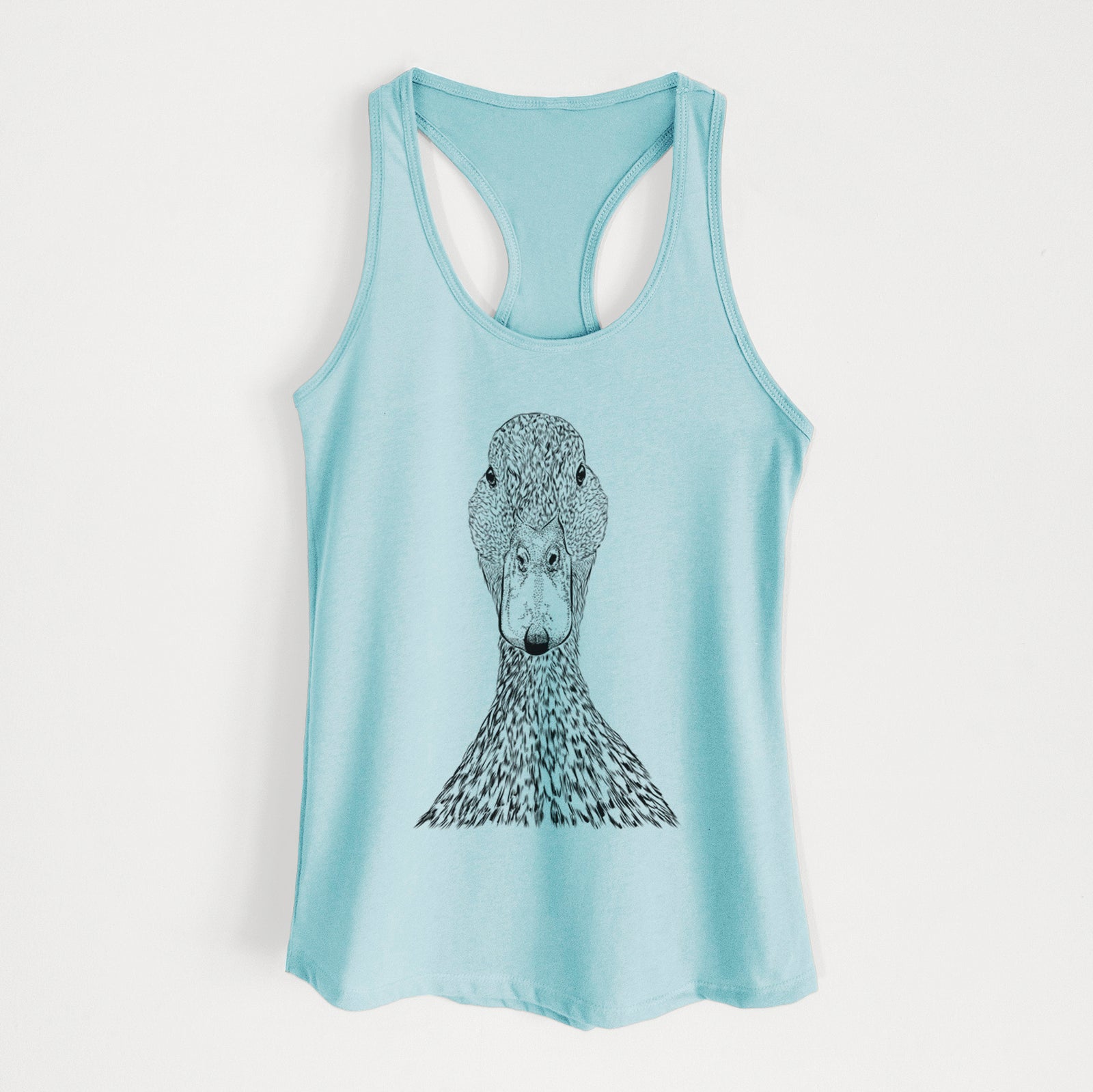 Hand-drawn sketch of Marge the Mallard Duck on a Cancun Blue Women's racerback tanktop