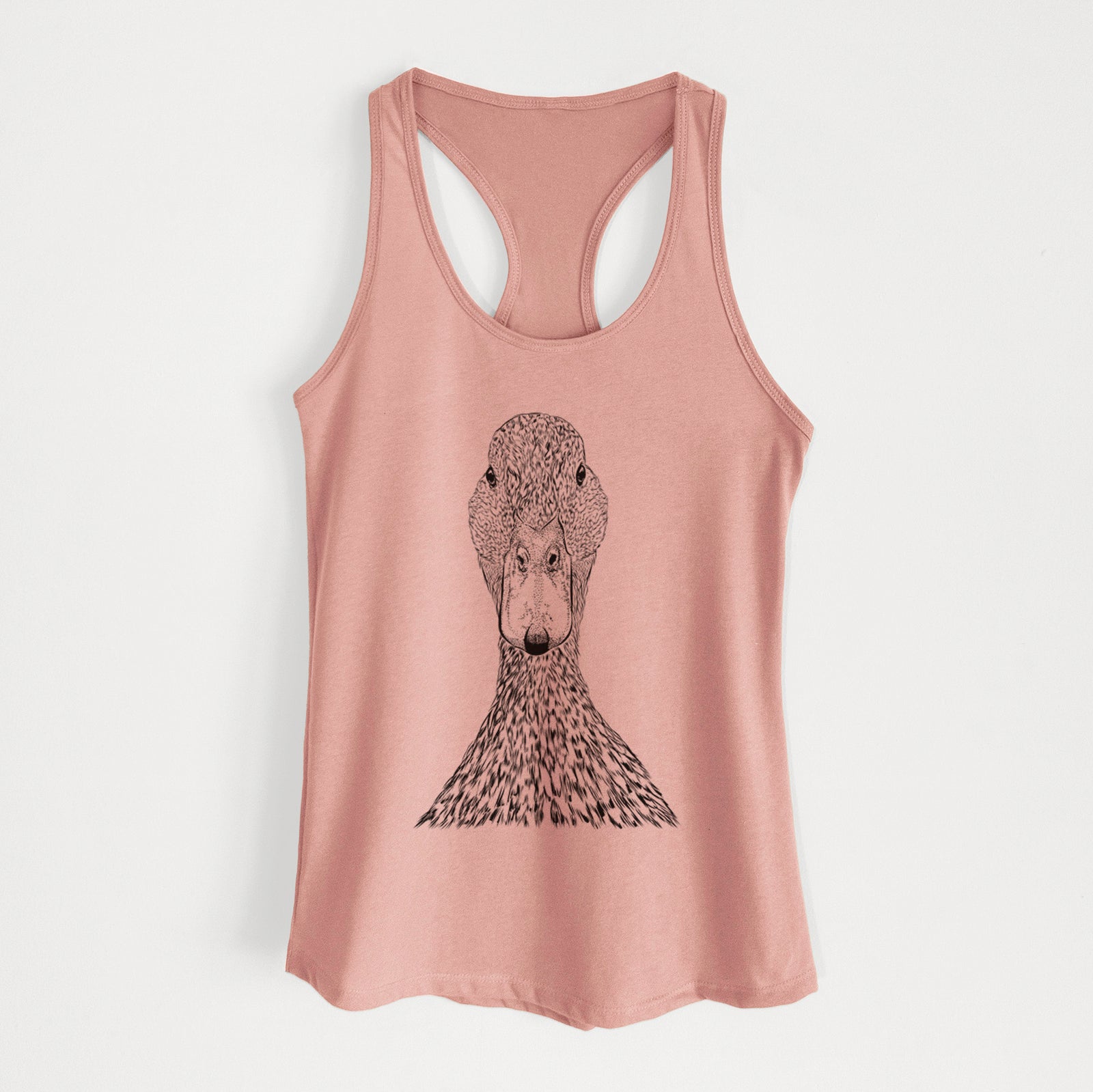 Hand-drawn sketch of Marge the Mallard Duck on a Desert Pink Women's racerback tanktop
