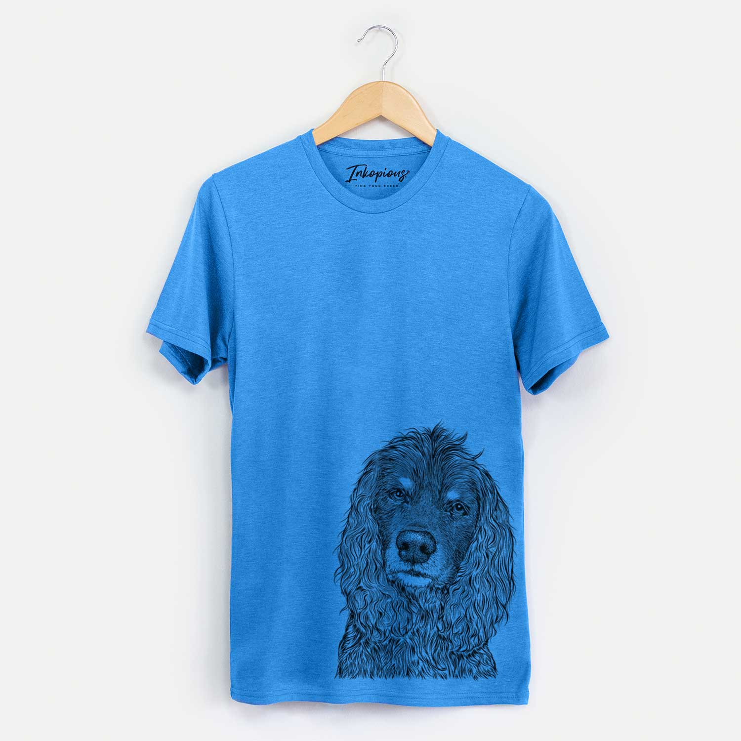 Hand-drawn sketch of Marley Boy the American Cocker Spaniel on a Blue Unisex crewneck