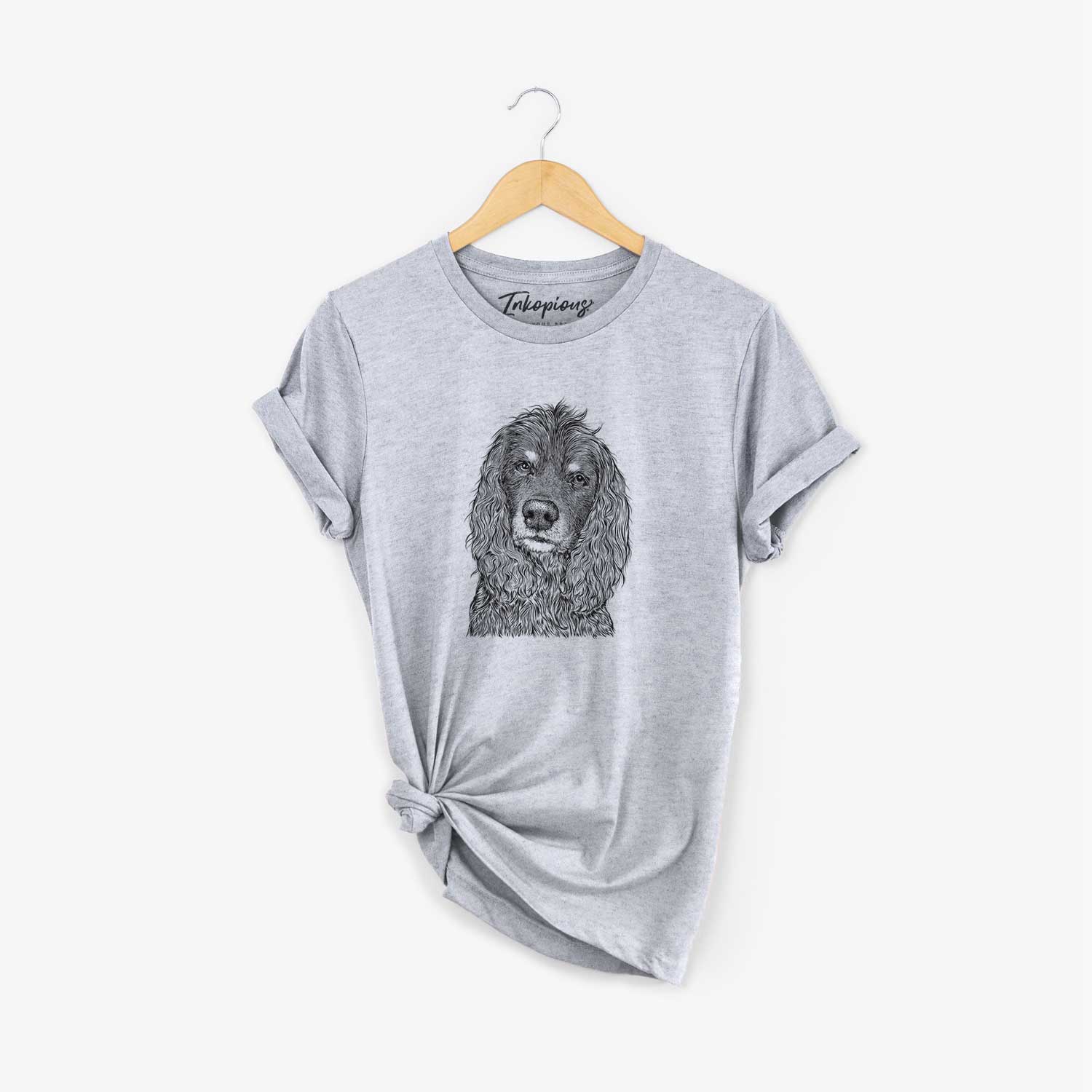 Hand-drawn sketch of Marley Boy the American Cocker Spaniel on a Grey Unisex crewneck