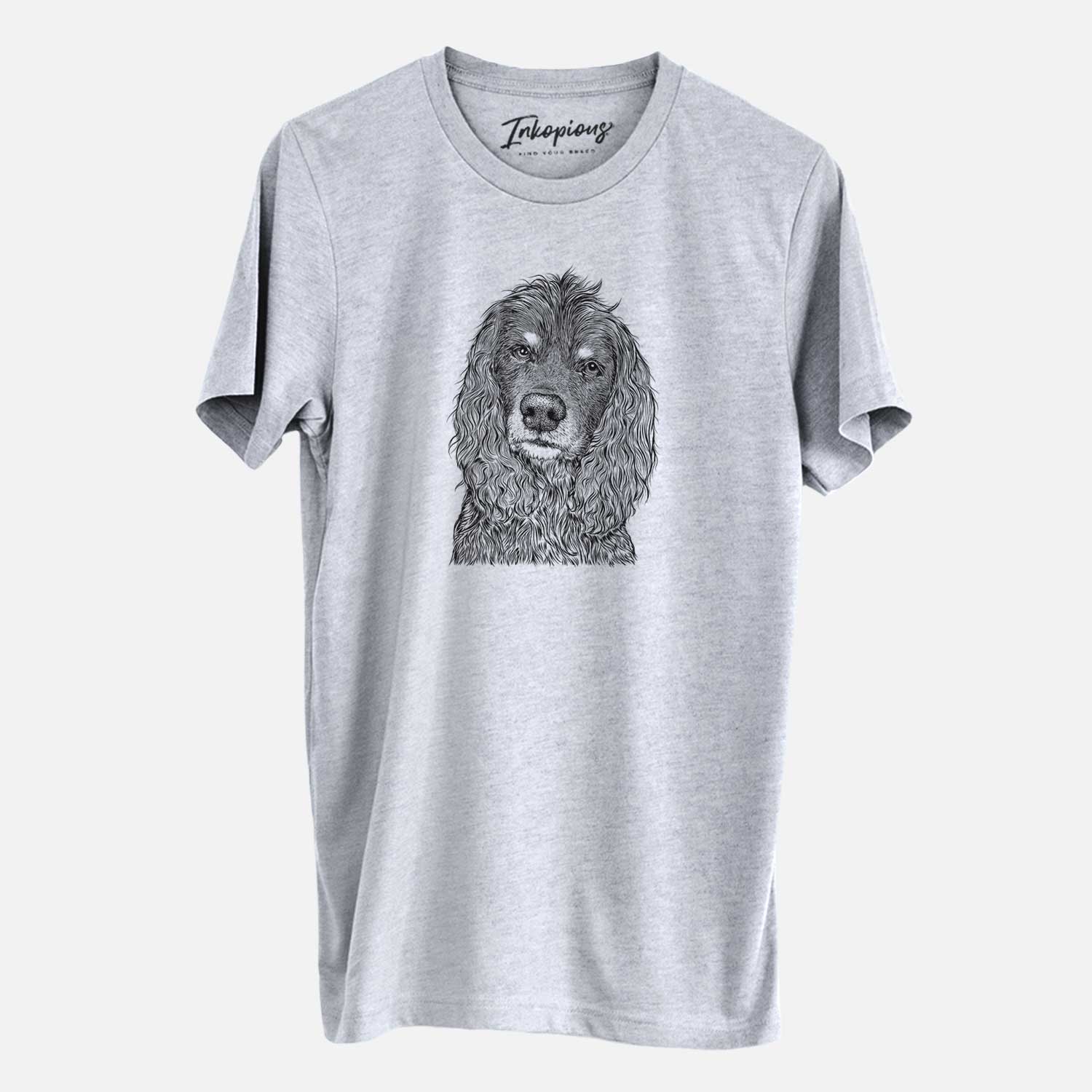Hand-drawn sketch of Marley Boy the American Cocker Spaniel on a Grey Unisex crewneck