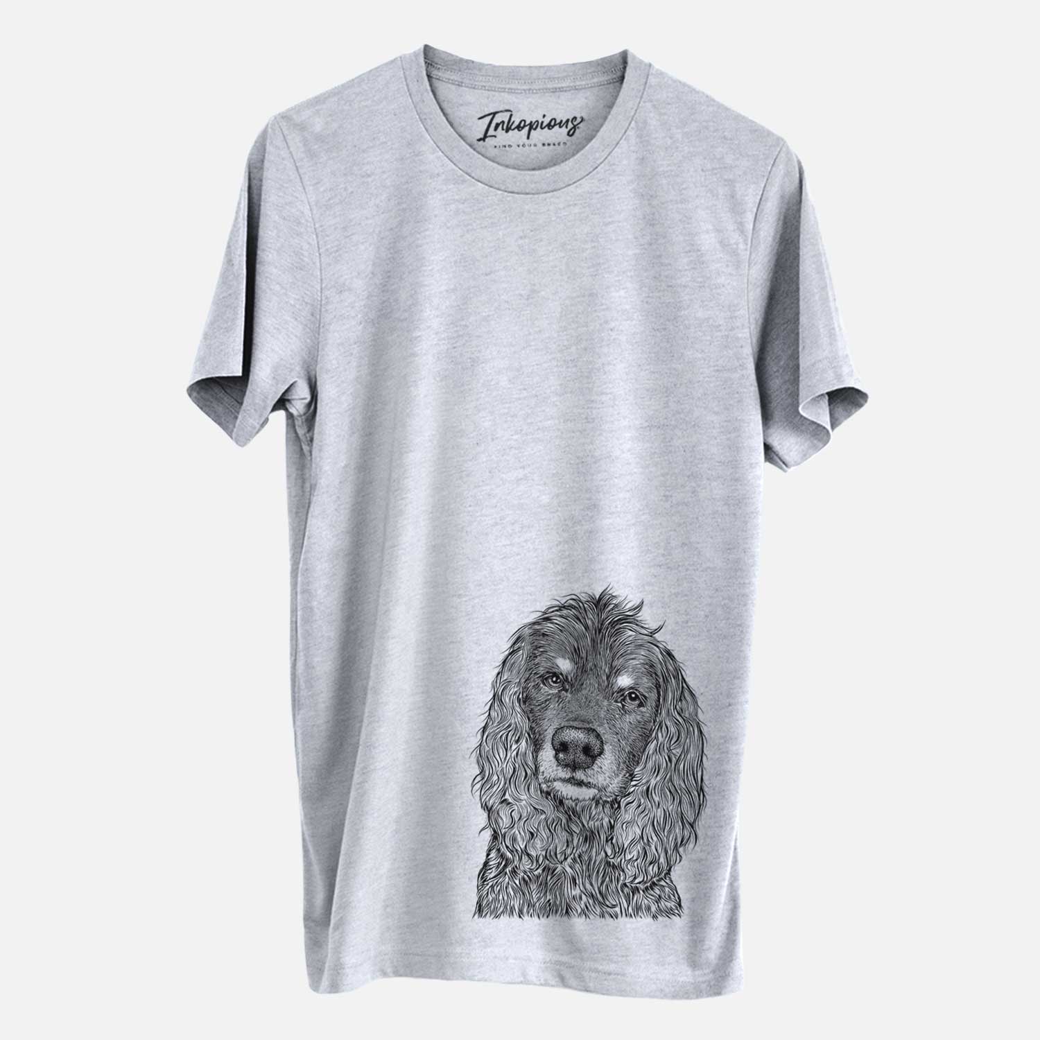 Hand-drawn sketch of Marley Boy the American Cocker Spaniel on a Grey Unisex crewneck