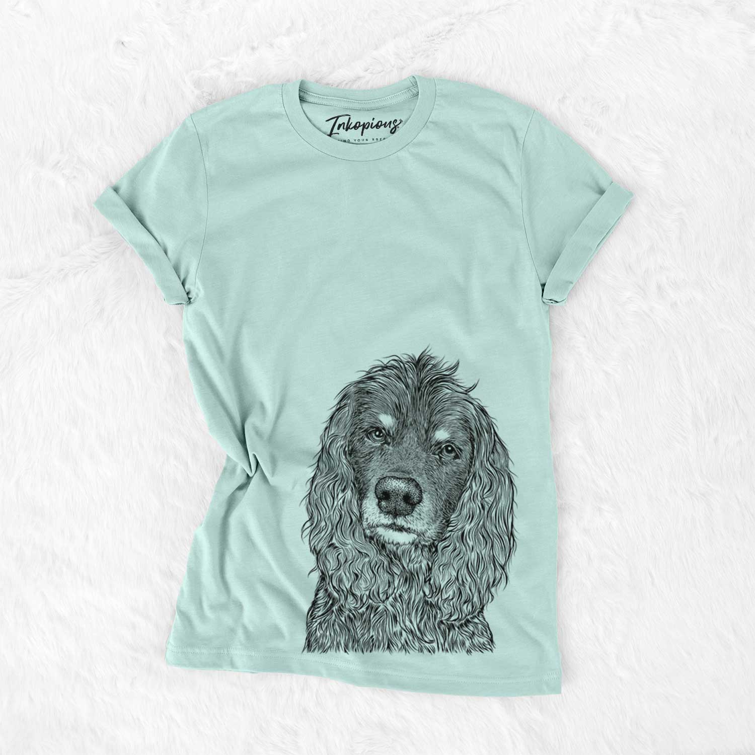 Hand-drawn sketch of Marley Boy the American Cocker Spaniel on a Heather Sage Unisex crewneck