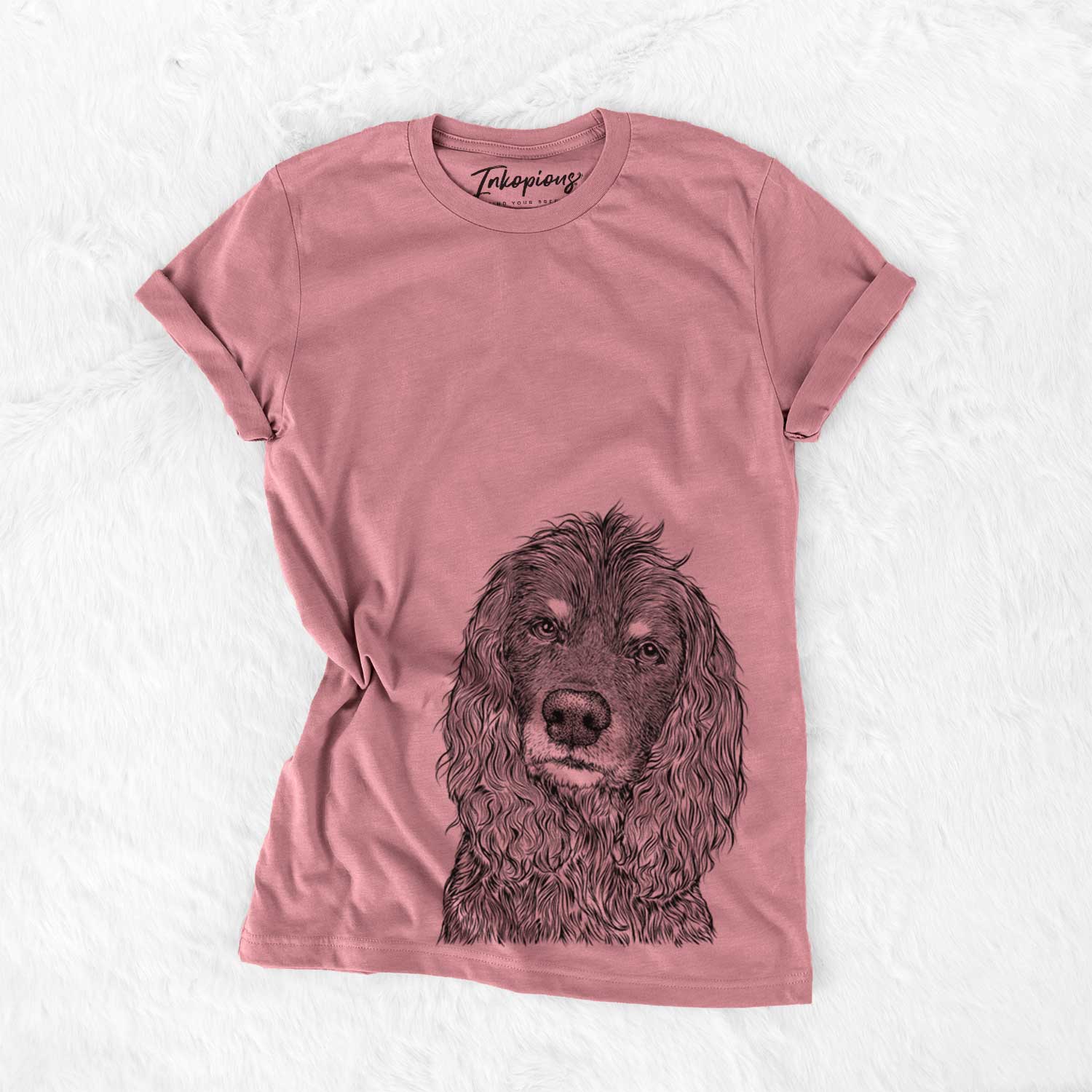Hand-drawn sketch of Marley Boy the American Cocker Spaniel on a Mauve Unisex crewneck