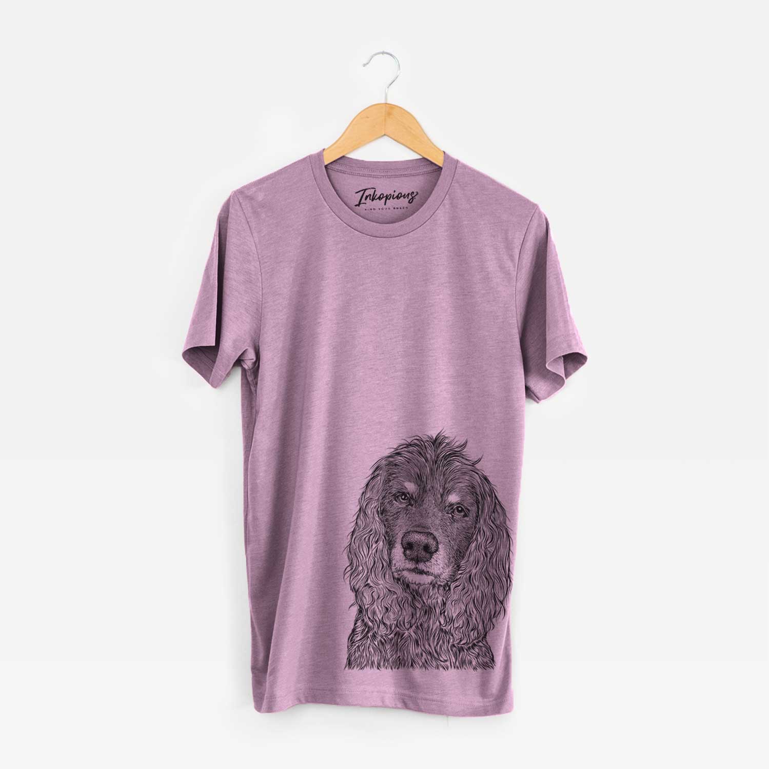 Hand-drawn sketch of Marley Boy the American Cocker Spaniel on an Orchid Unisex crewneck