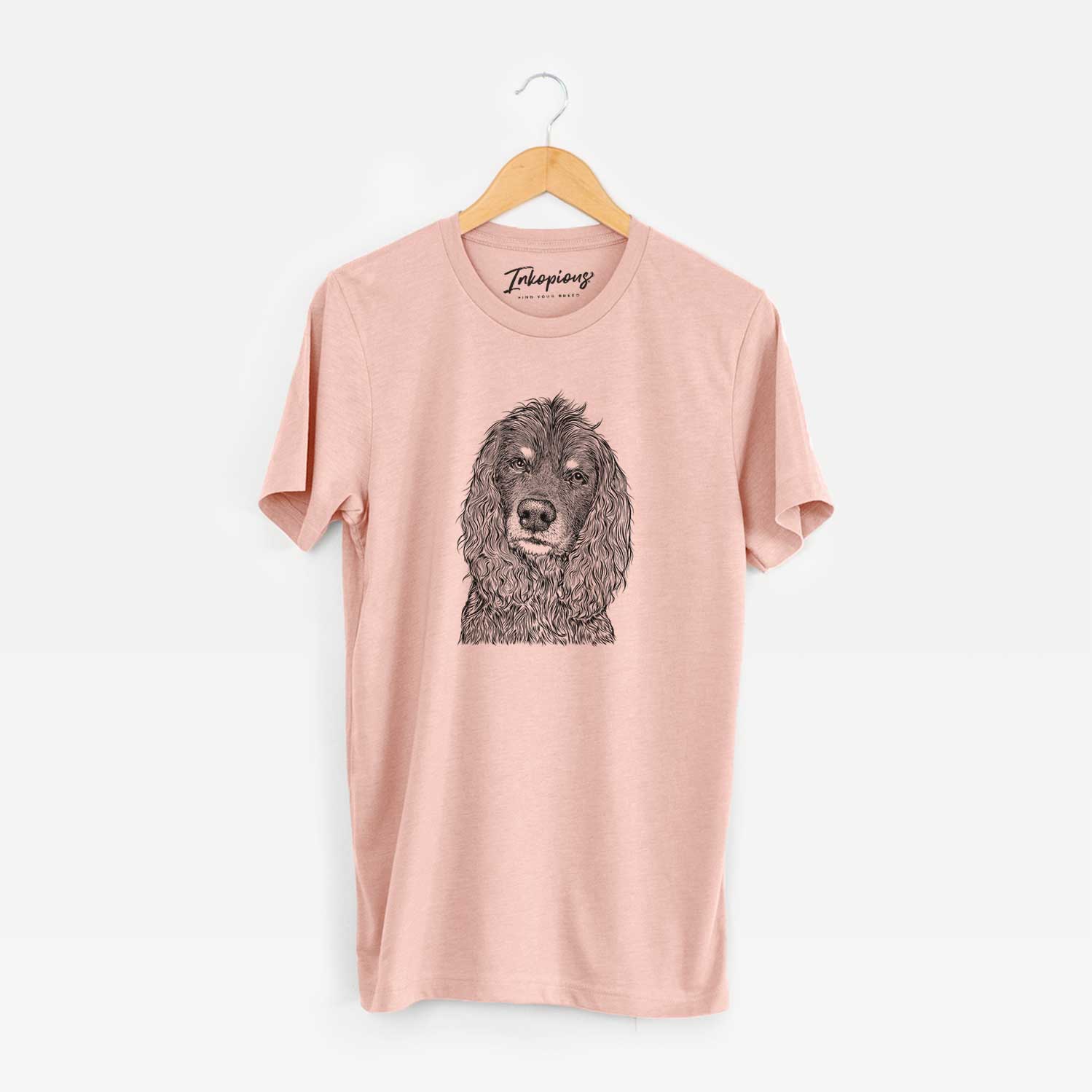 Hand-drawn sketch of Marley Boy the American Cocker Spaniel on a Peach Unisex crewneck