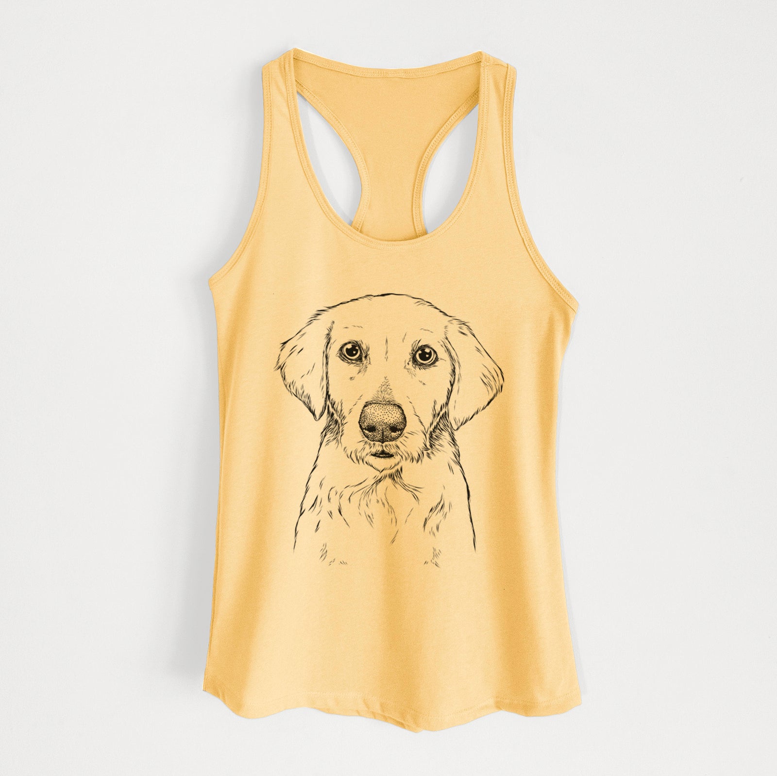 Hand-drawn sketch of Marley Sue the Labradoodle on a Banana Cream Women's racerback tanktop
