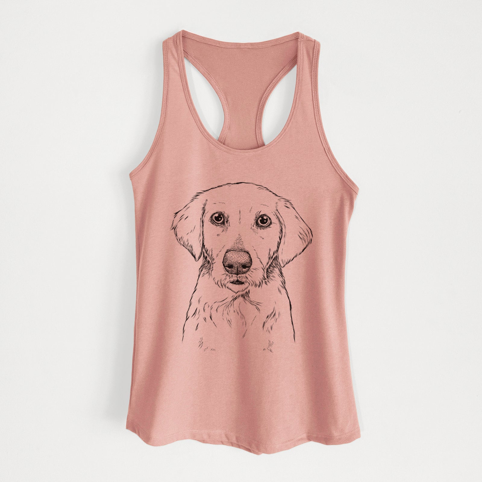 Hand-drawn sketch of Marley Sue the Labradoodle on a Desert Pink Women's racerback tanktop