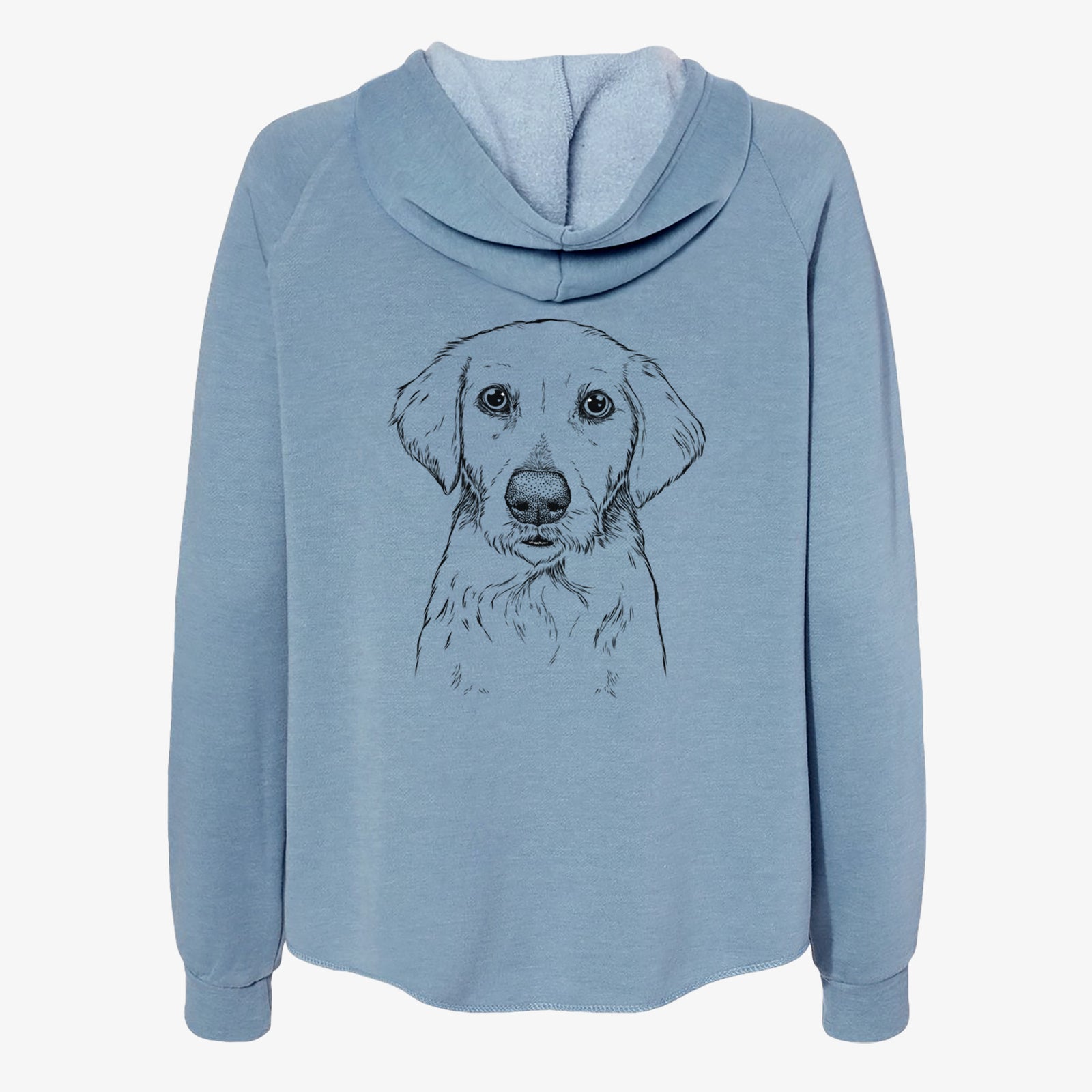 Hand-drawn sketch of Marley Sue the Labradoodle on a Misty Blue Women's cali wave zip-up sweatshirt