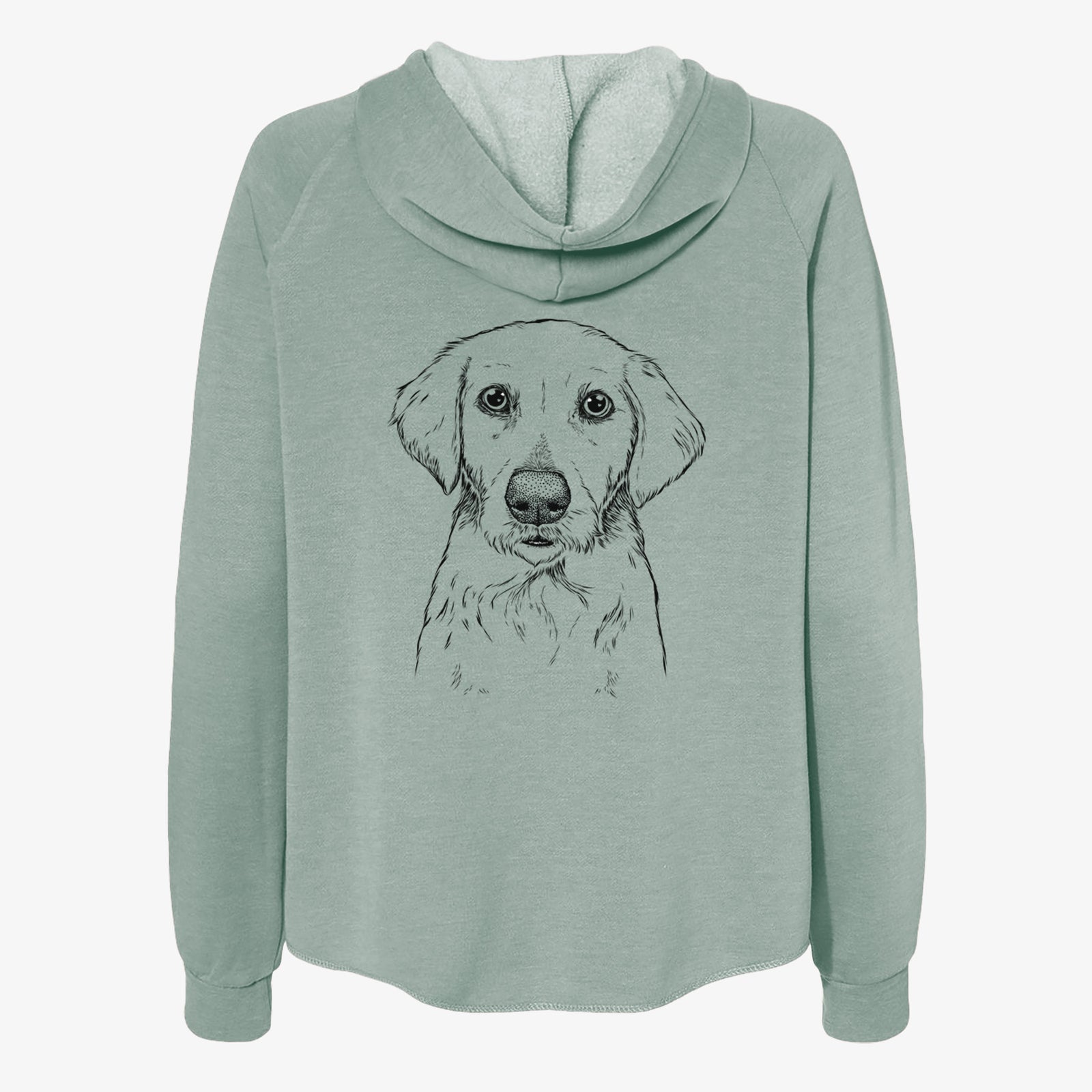 Hand-drawn sketch of Marley Sue the Labradoodle on a Sage Women's cali wave zip-up sweatshirt