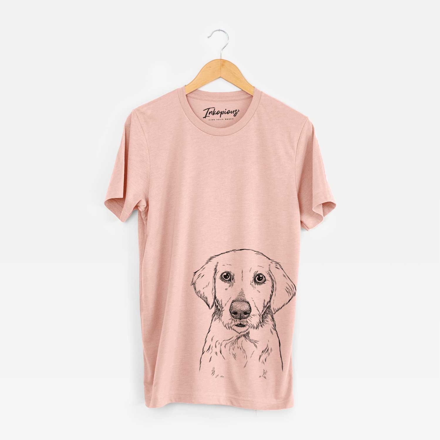 Hand-drawn sketch of Marley Sue the Labradoodle on a Peach Unisex crewneck
