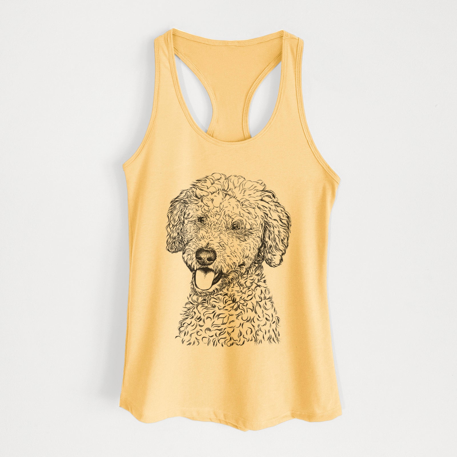 Hand-drawn sketch of Marlow the Goldendoodle on a Banana Cream Women's racerback tanktop