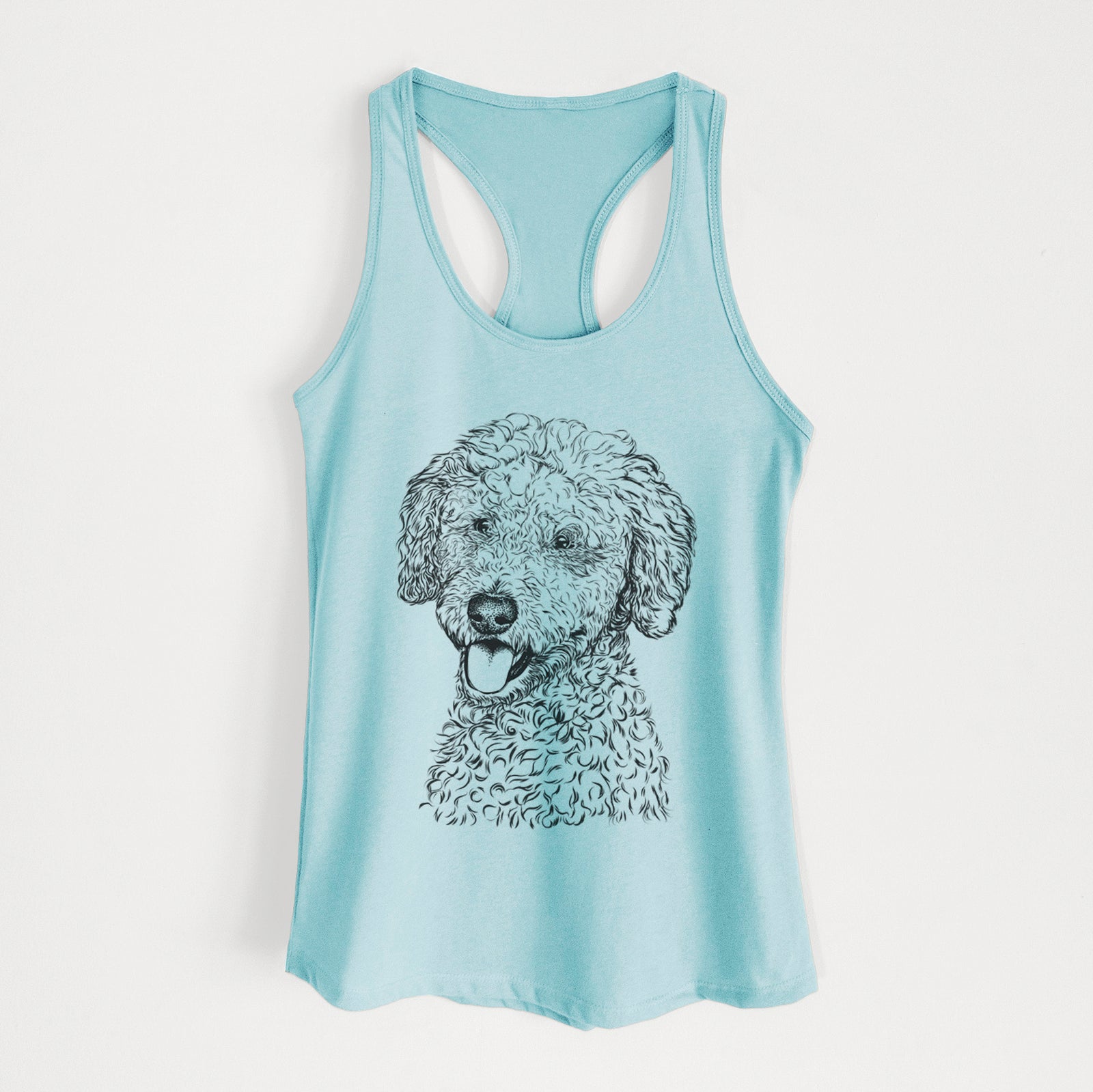 Hand-drawn sketch of Marlow the Goldendoodle on a Cancun Blue Women's racerback tanktop