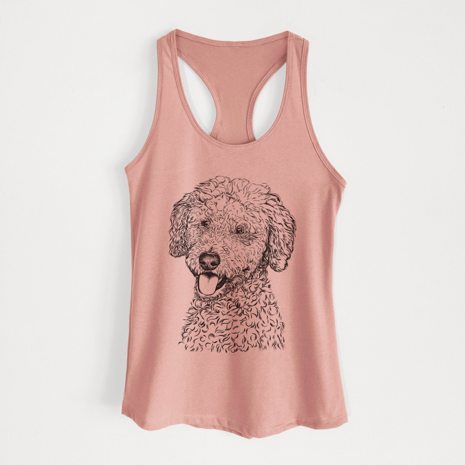 Hand-drawn sketch of Marlow the Goldendoodle on a Desert Pink Women's racerback tanktop