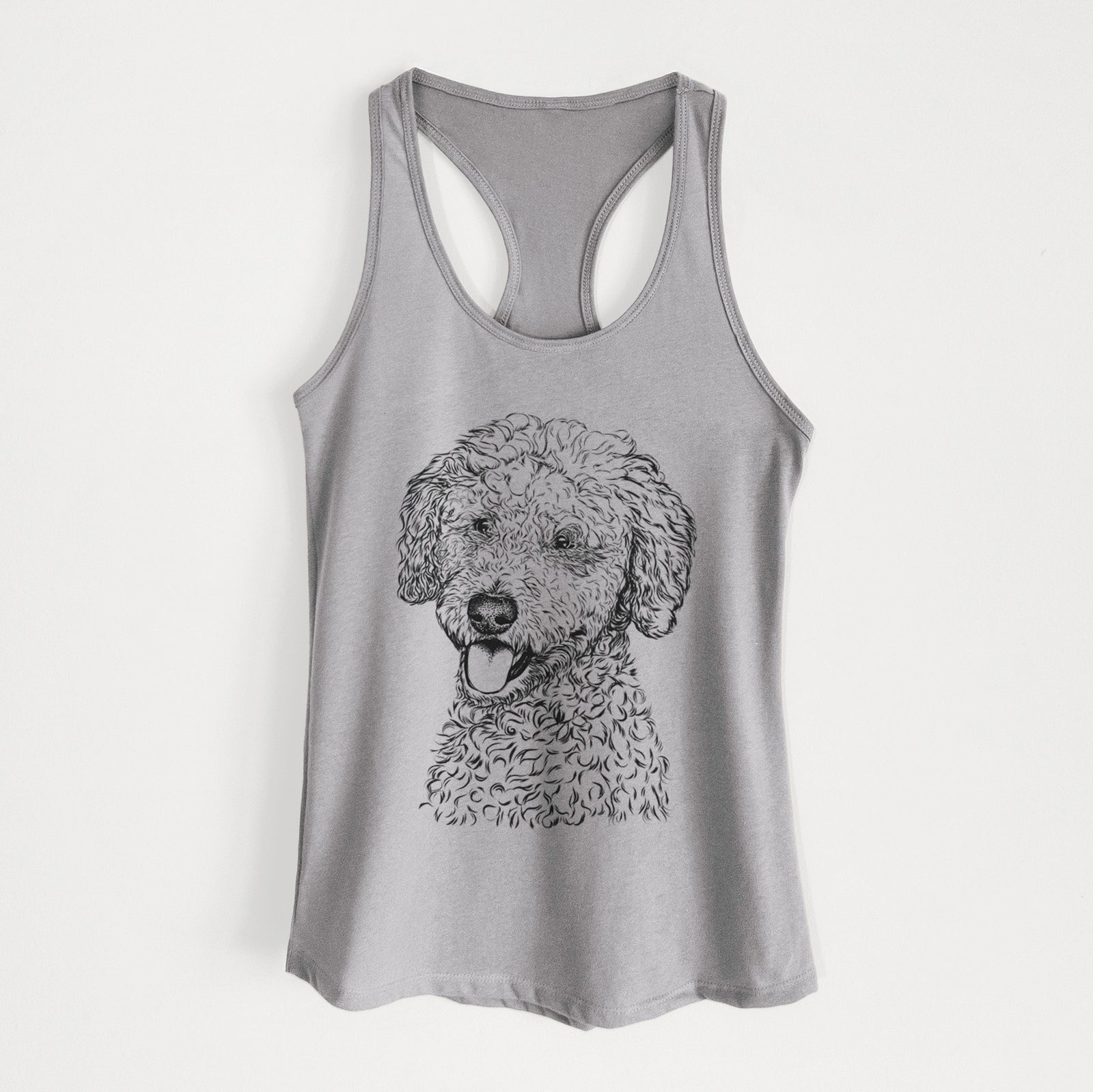Hand-drawn sketch of Marlow the Goldendoodle on a Heather Grey Women's racerback tanktop