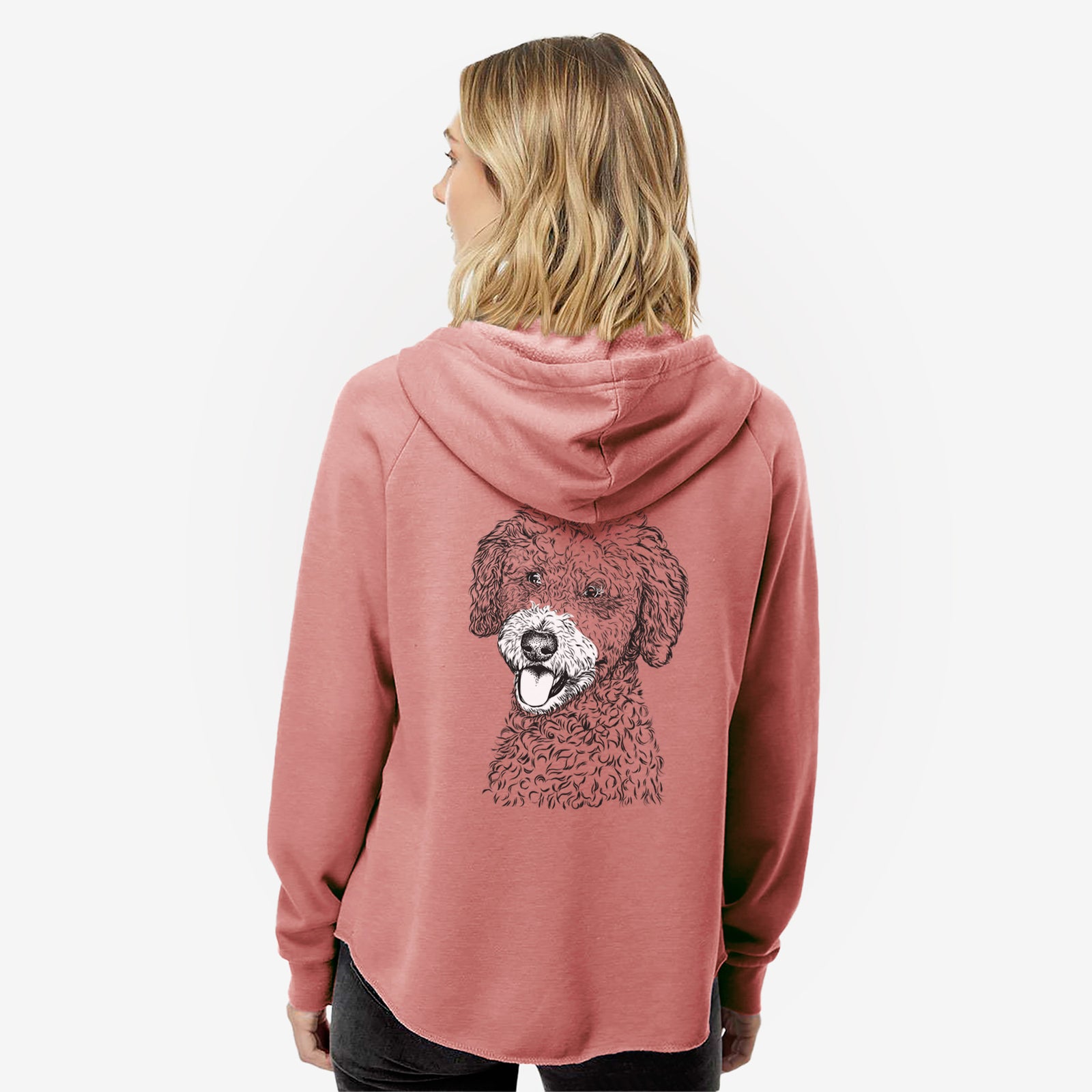 Hand-drawn sketch of Marlow the Goldendoodle on a Dusty Rose Women's cali wave zip-up sweatshirt