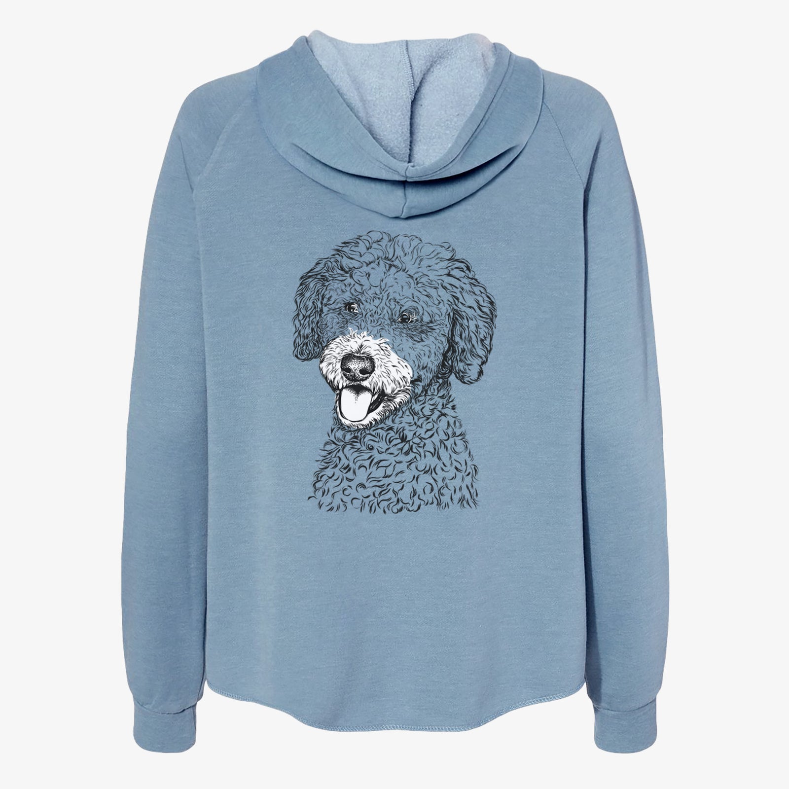 Hand-drawn sketch of Marlow the Goldendoodle on a Misty Blue Women's cali wave zip-up sweatshirt