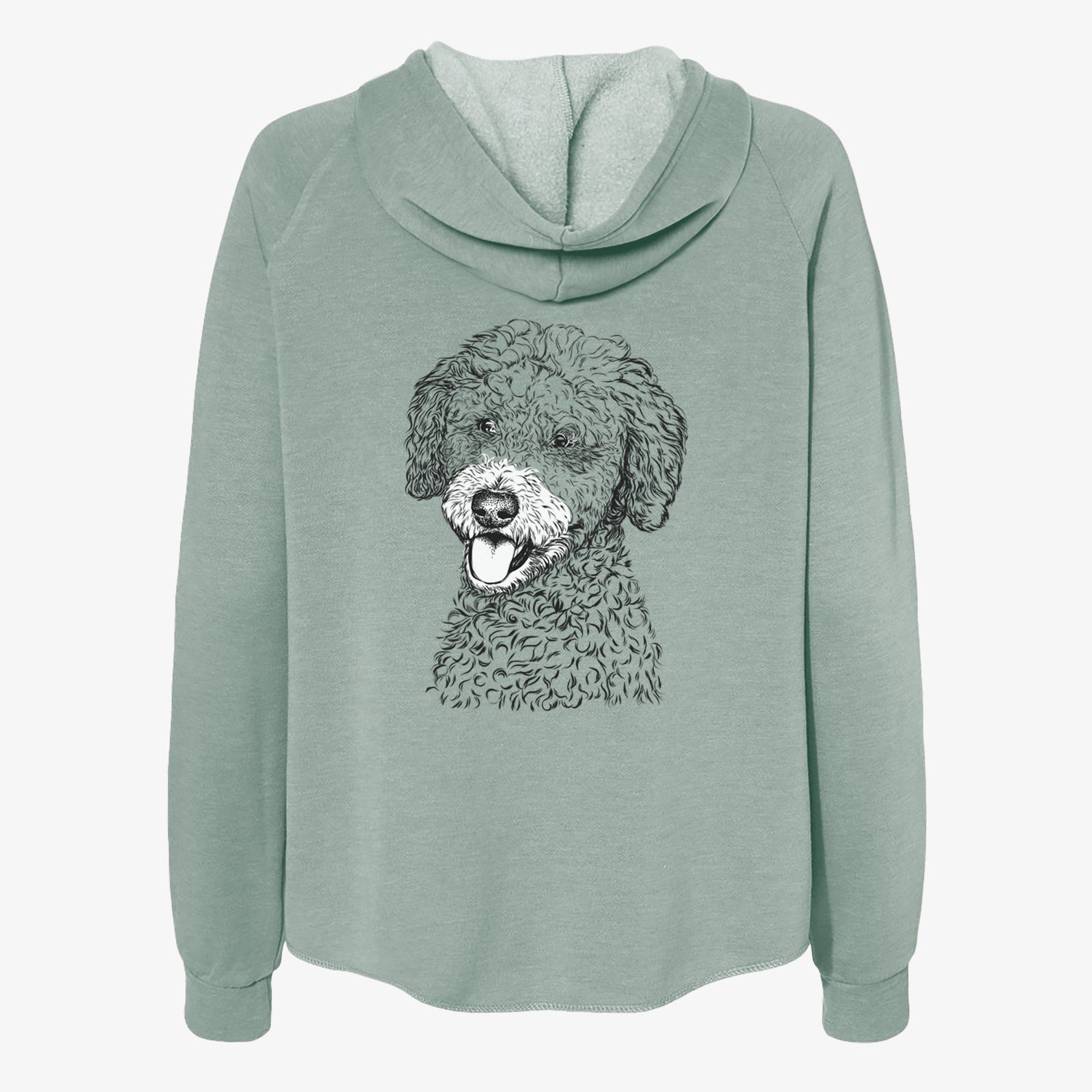 Hand-drawn sketch of Marlow the Goldendoodle on a Sage Women's cali wave zip-up sweatshirt